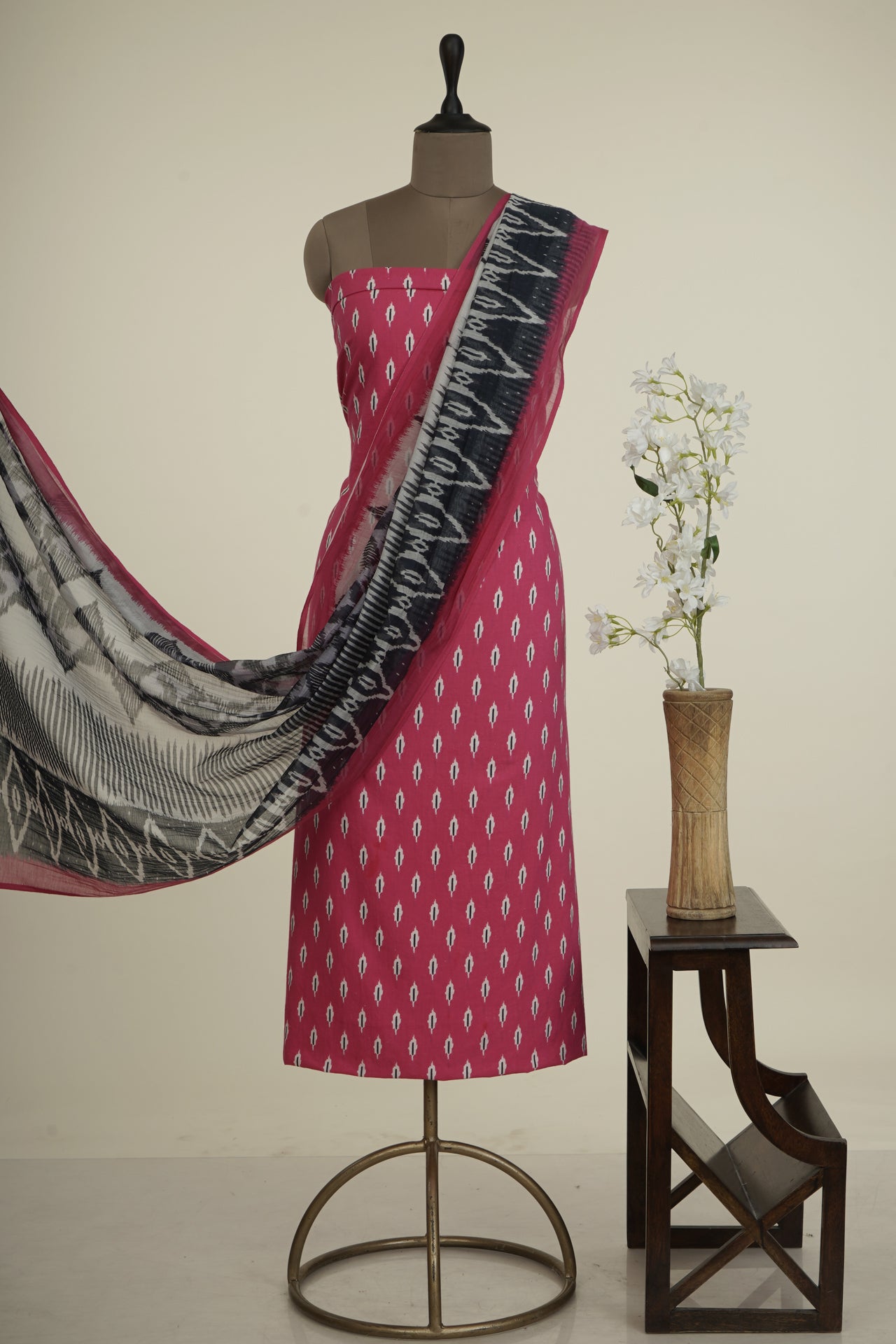 Pink Color Digital Printed Ikat Pattern Muslin Cotton Suit with Fine Chanderi Dupatta