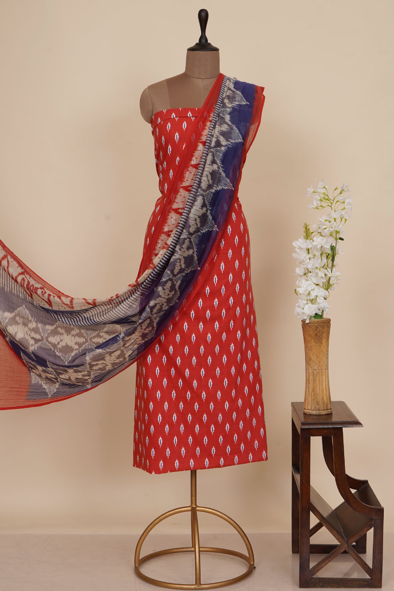 Red Color Digital Printed Ikat Pattern Muslin Cotton Suit with Fine Chanderi Dupatta