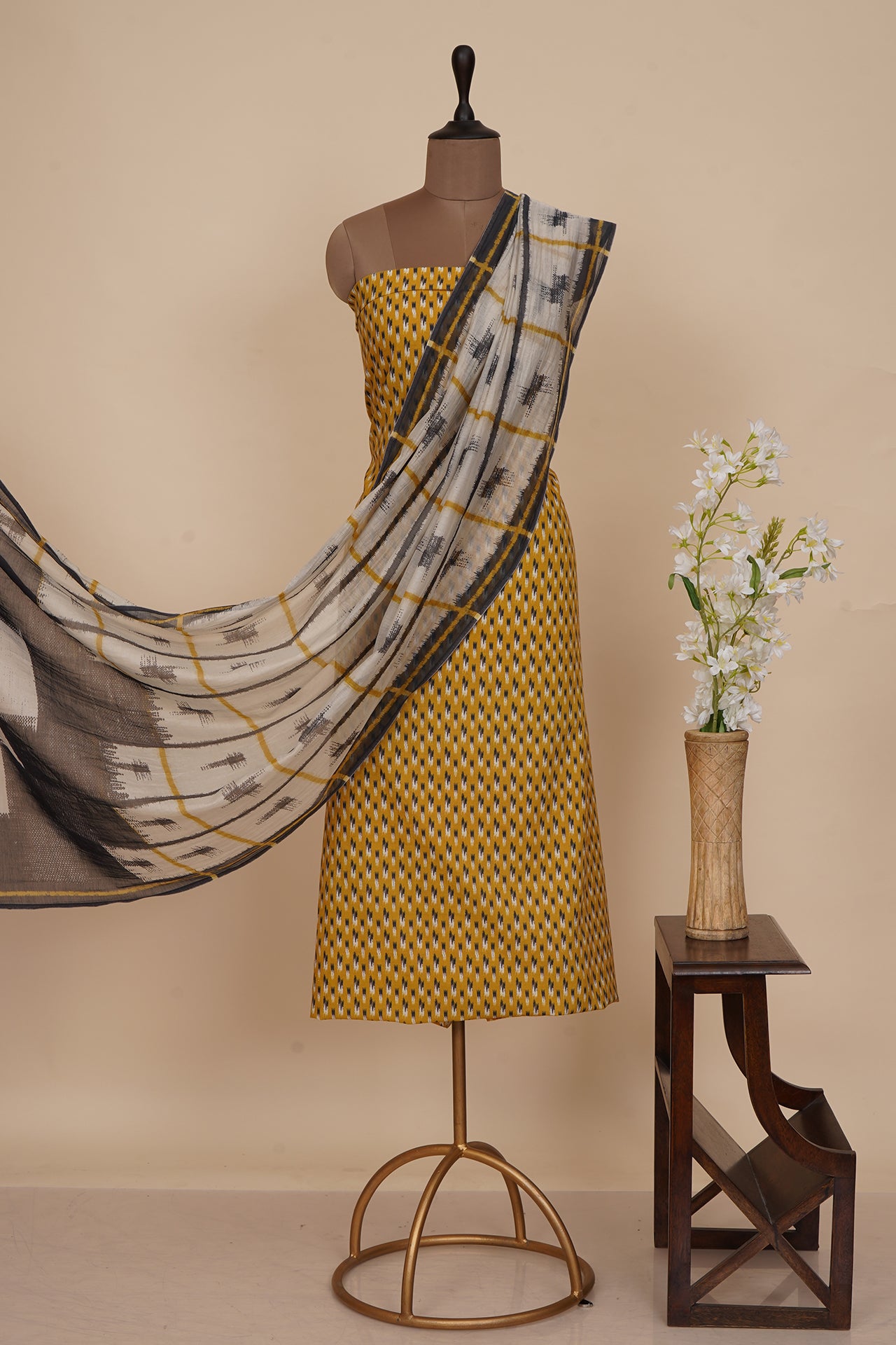 Yellow Color Digital Printed Ikat Pattern Muslin Cotton Suit with Fine Chanderi Dupatta