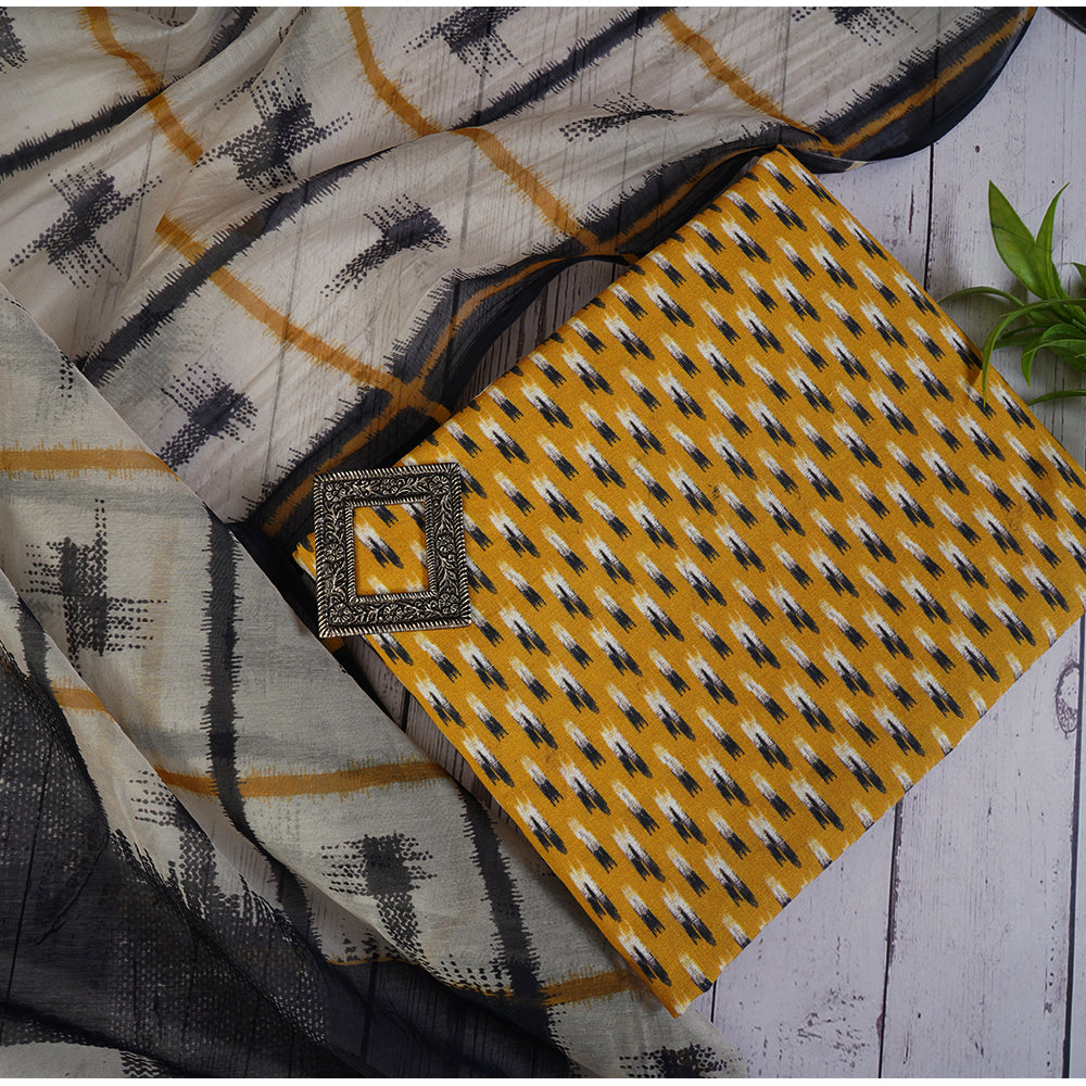 Yellow Color Digital Printed Ikat Pattern Muslin Cotton Suit with Fine Chanderi Dupatta