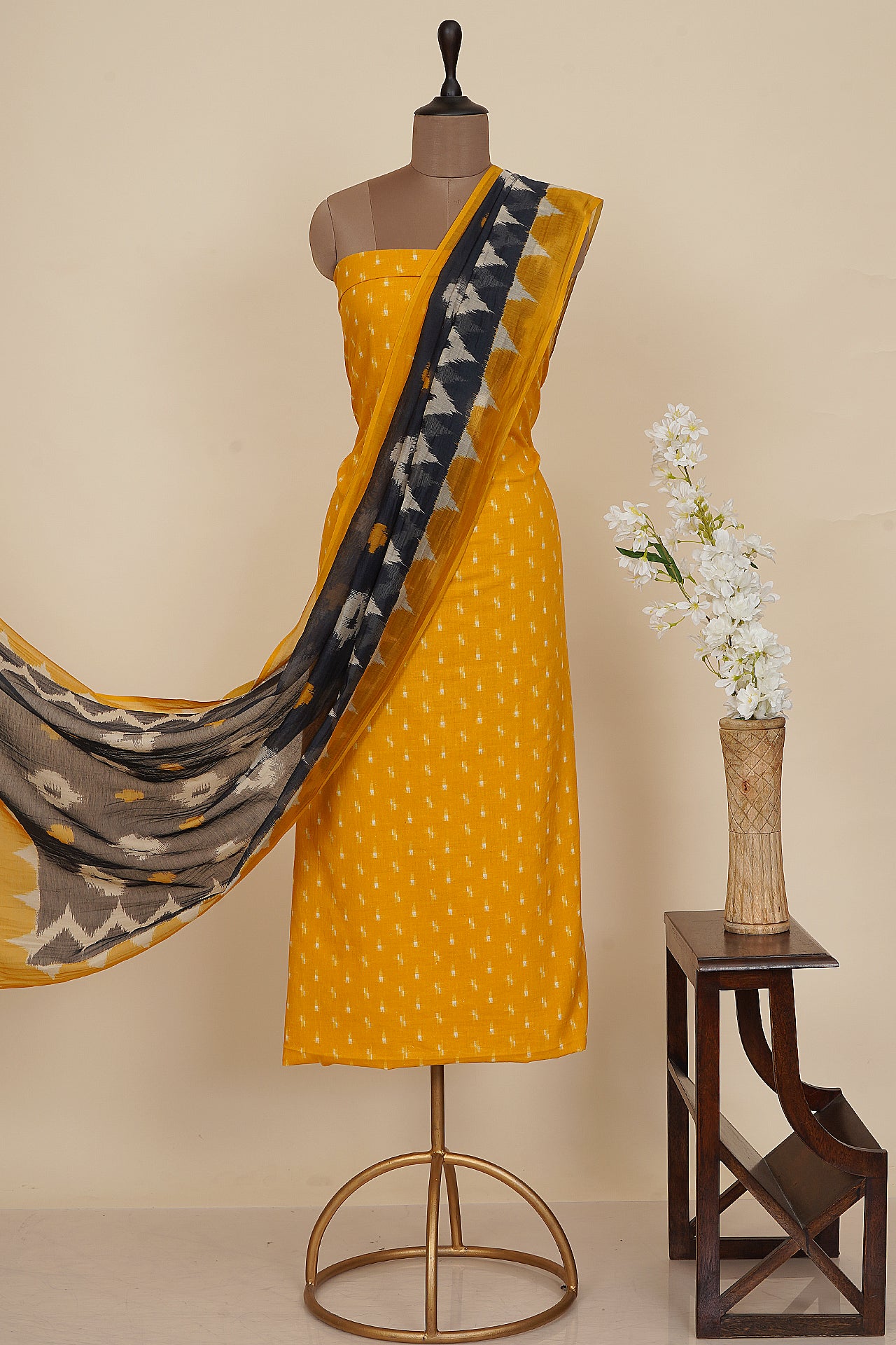 Yellow Color Digital Printed Ikat Pattern Muslin Cotton Suit with Fine Chanderi Dupatta