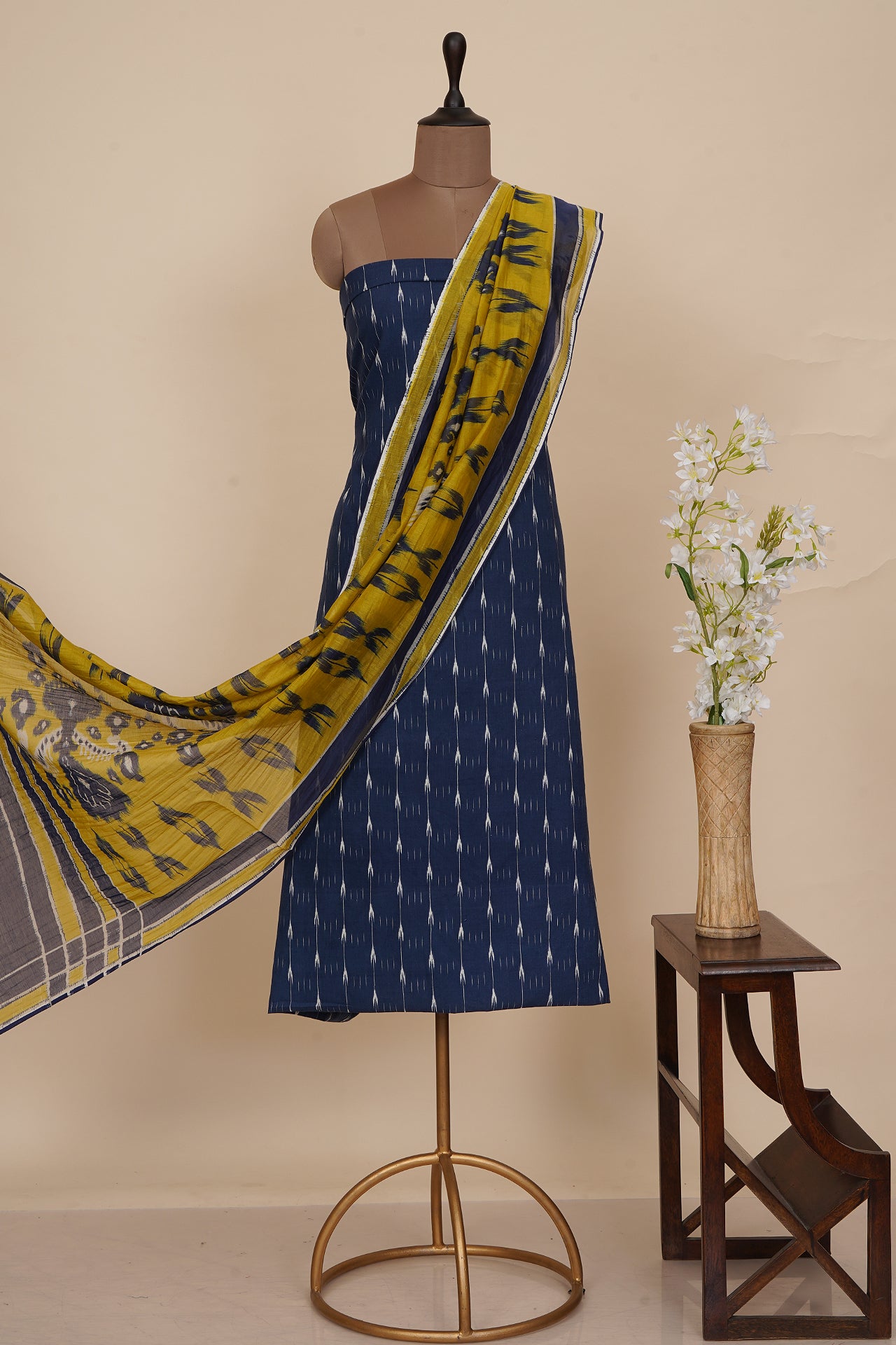 Dark Blue Color Digital Printed Ikat Pattern Muslin Cotton Suit with Fine Chanderi Dupatta