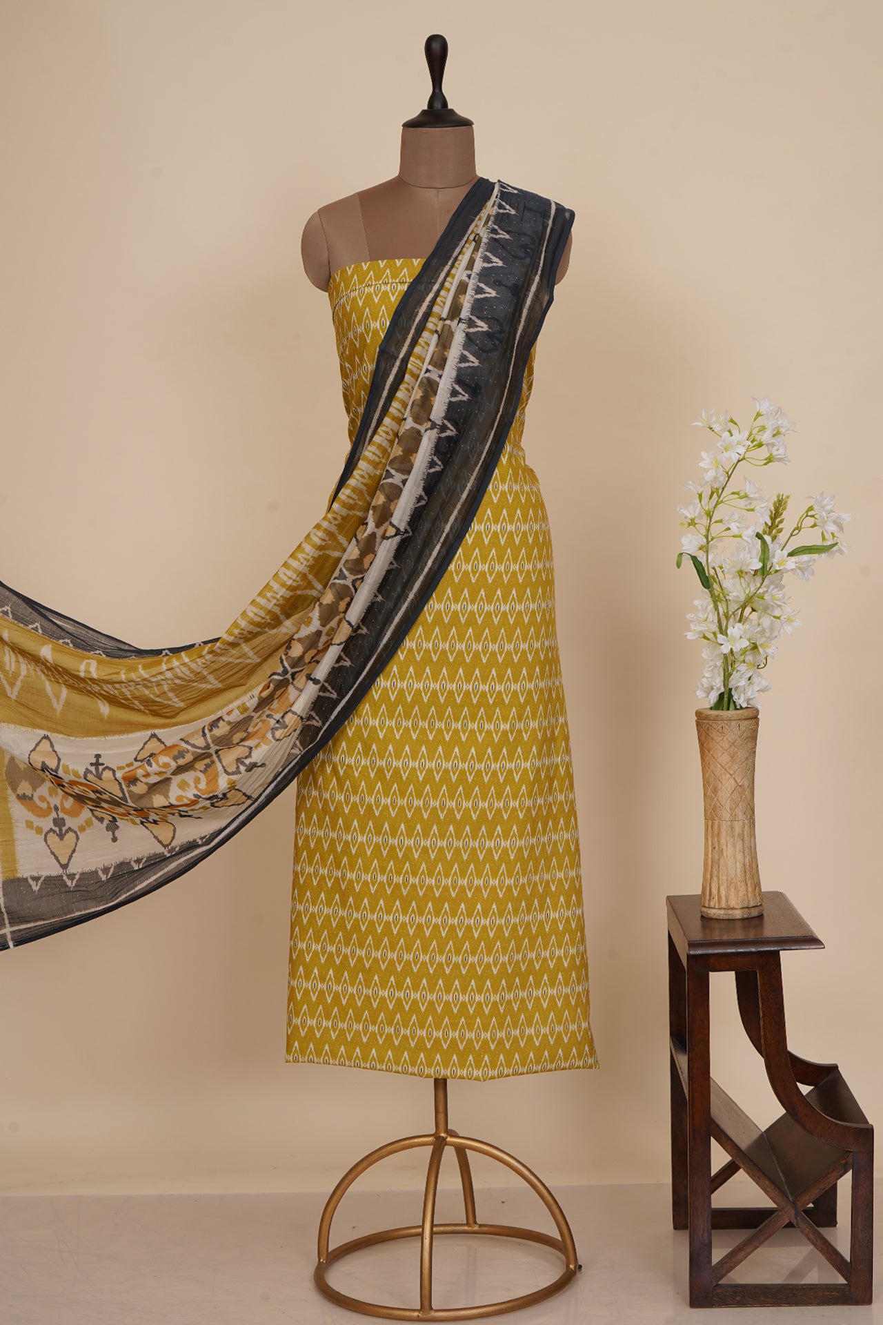 Yellow Color Digital Printed Ikat Pattern Muslin Cotton Suit with Fine Chanderi Dupatta