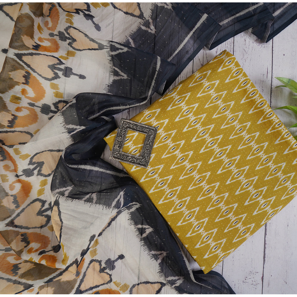 Yellow Color Digital Printed Ikat Pattern Muslin Cotton Suit with Fine Chanderi Dupatta