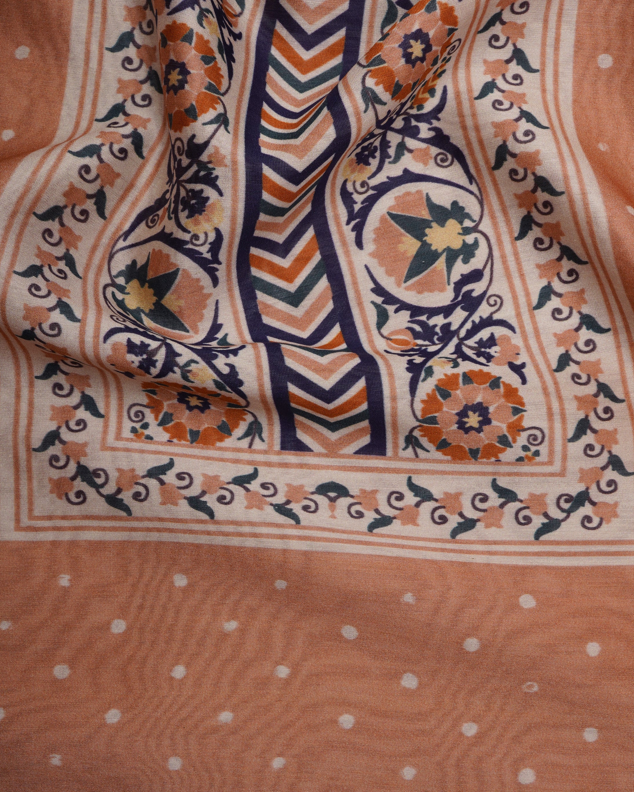 Deep Peach Digital Printed Suzani Pattern Chanderi Unstitched Suit Set (Top & Dupatta)