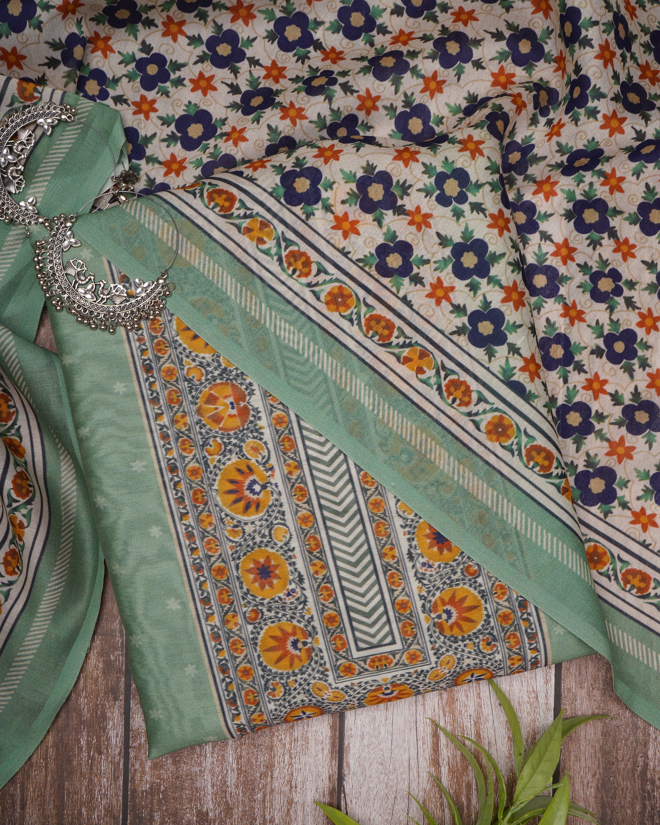Multi Color Digital Printed Suzani Pattern Chanderi Unstitched Suit Set (Top & Dupatta)