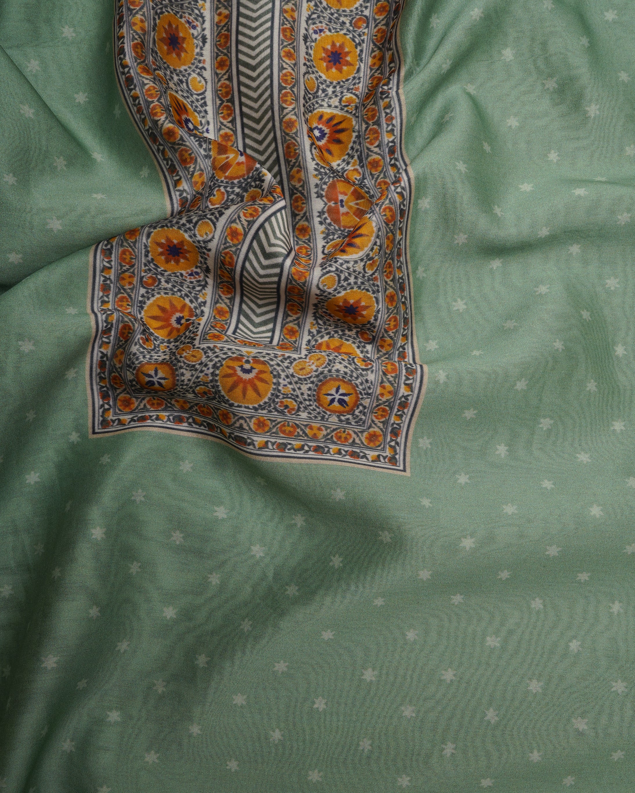 Multi Color Digital Printed Suzani Pattern Chanderi Unstitched Suit Set (Top & Dupatta)