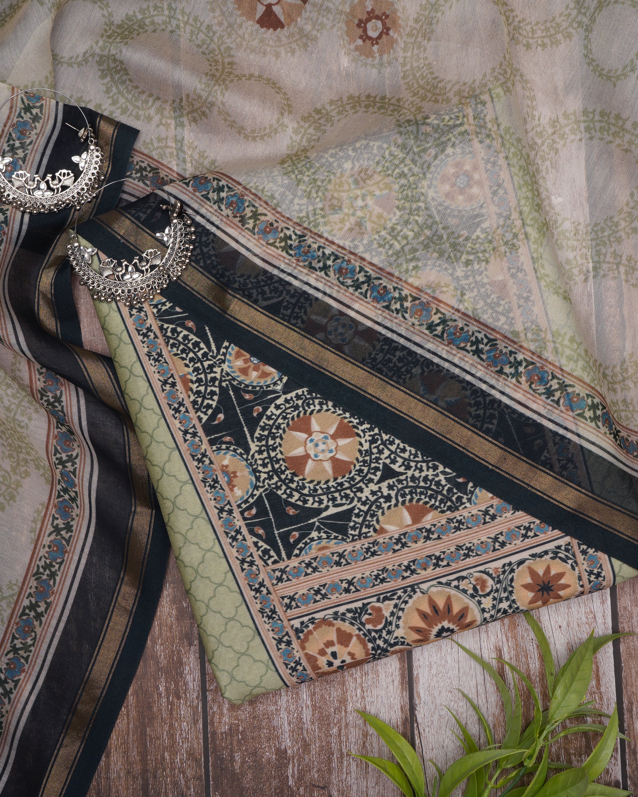 Lettuce Green Digital Printed Suzani Pattern Chanderi Unstitched Suit Set (Top & Dupatta)