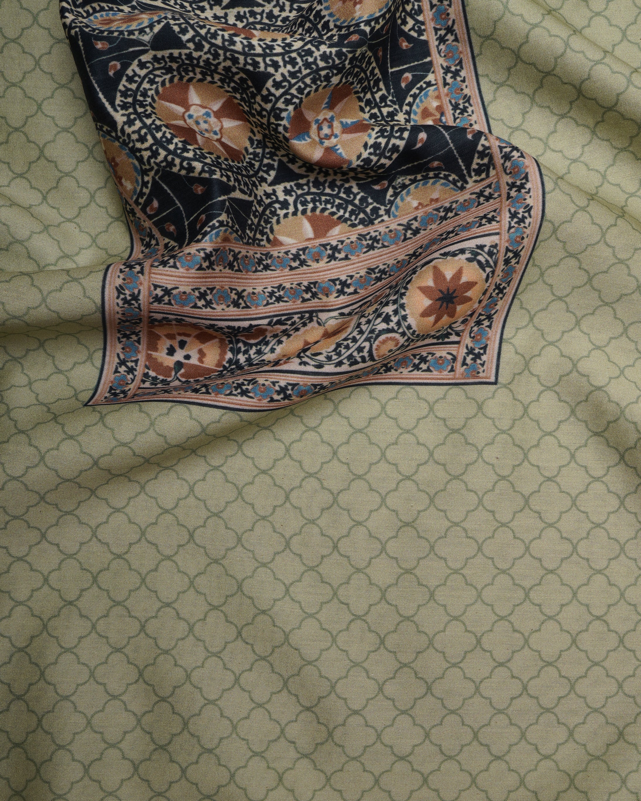 Lettuce Green Digital Printed Suzani Pattern Chanderi Unstitched Suit Set (Top & Dupatta)