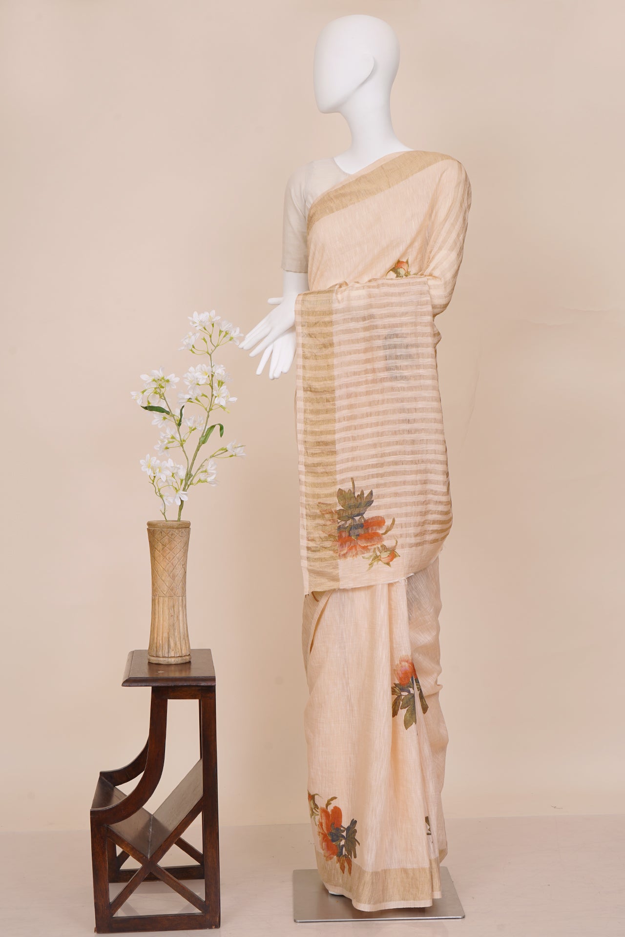 Light Apricot Color Printed Fancy Chanderi Saree