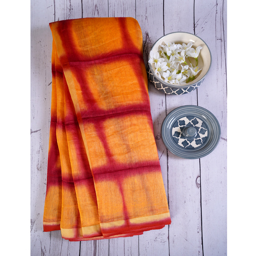 Yellow-Red Color Shibori Printed Linen saree with Blouse Piece