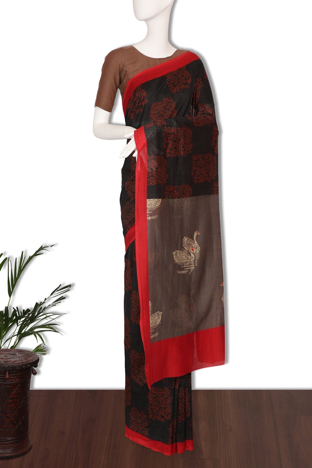 Black Color Digital Printed Pure Chanderi Saree With Blouse Piece