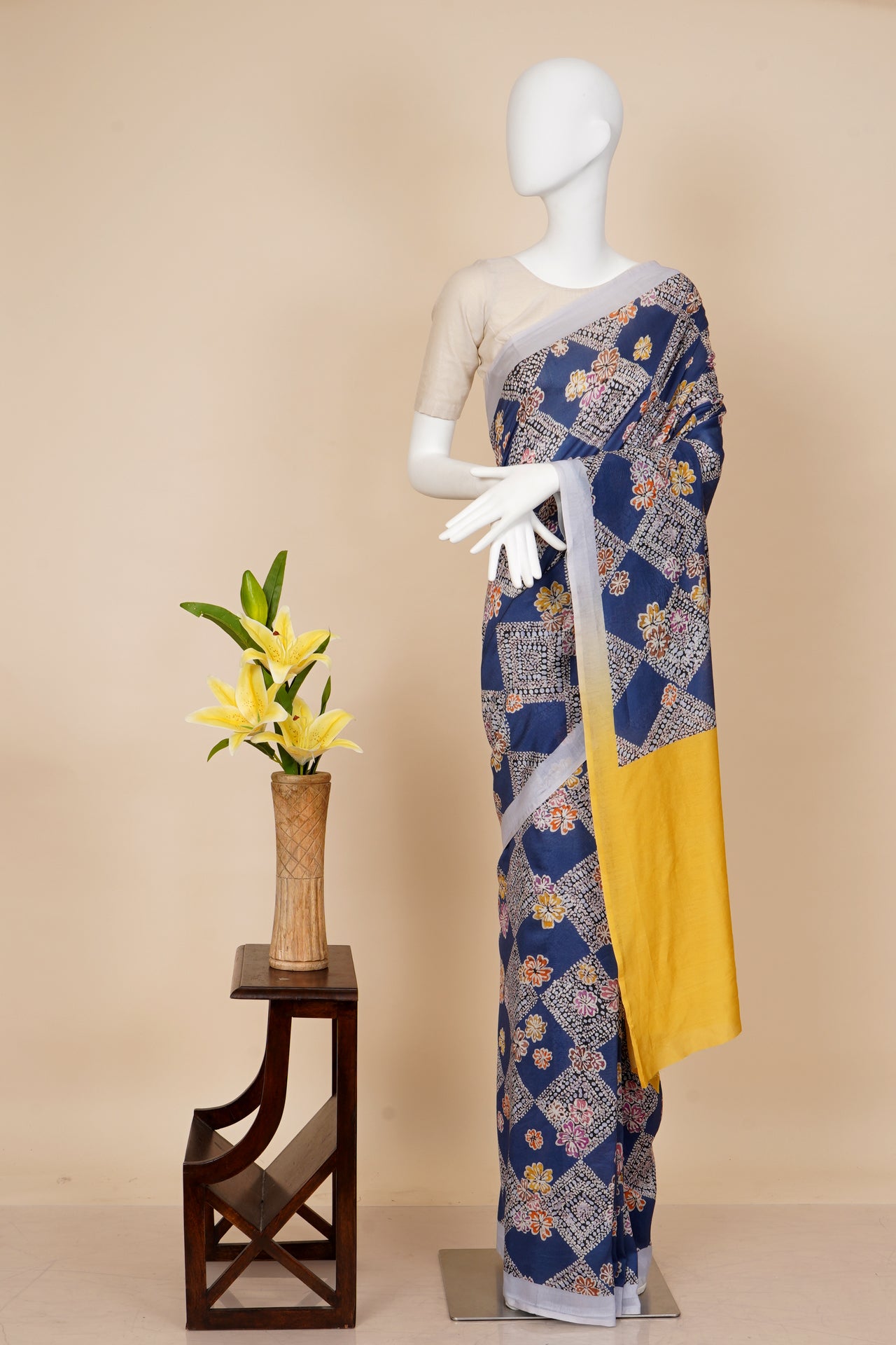 Blue Color Digital Printed Batik Pattern Pure Chanderi Saree With Blouse Piece