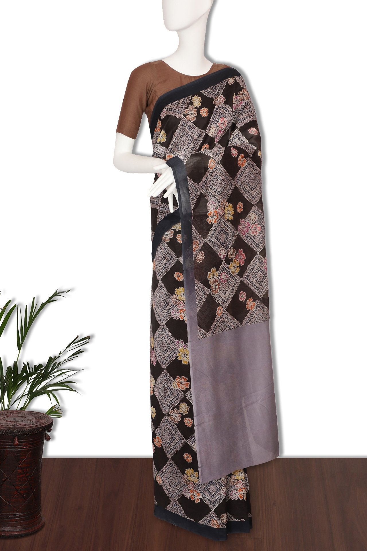 Black Color Digital Printed Pure Chanderi Saree With Blouse Piece