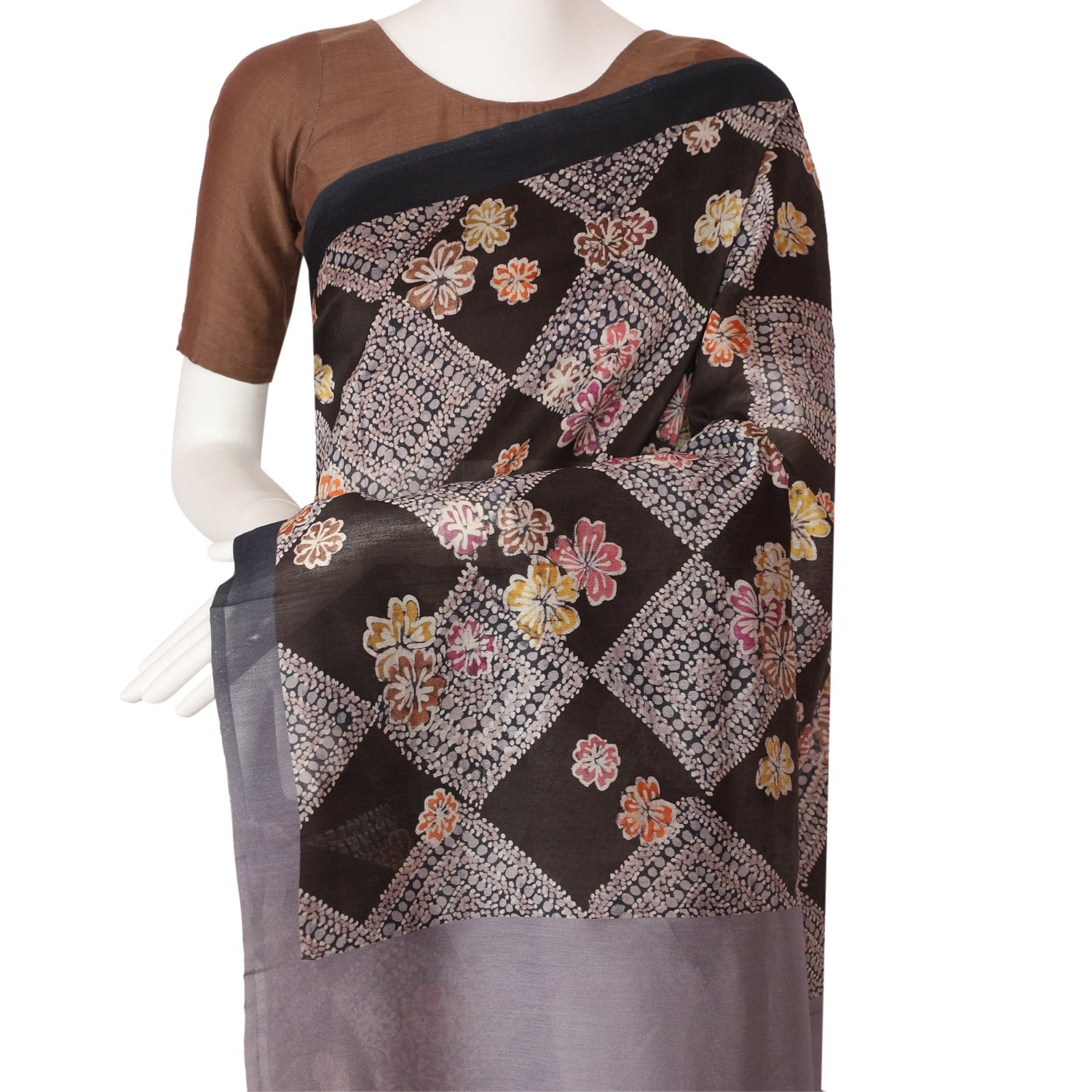 Black Color Digital Printed Pure Chanderi Saree With Blouse Piece