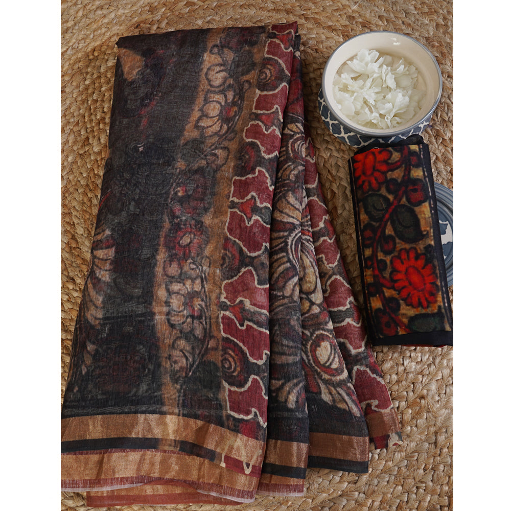 Black Color Digital Printed Kalamkari Pattern Linen Silk Saree with Blouse Piece