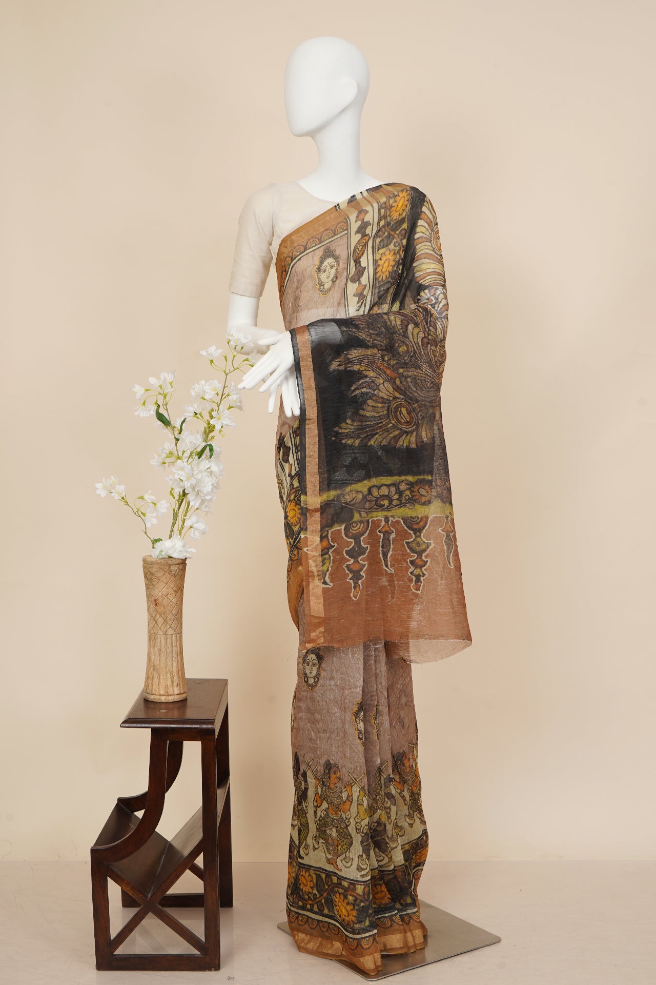 Brown Color Digital Printed Kalamkari Pattern Linen Silk Saree with Blouse Piece