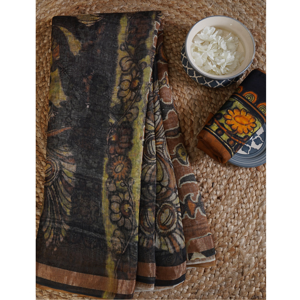 Brown Color Digital Printed Kalamkari Pattern Linen Silk Saree with Blouse Piece