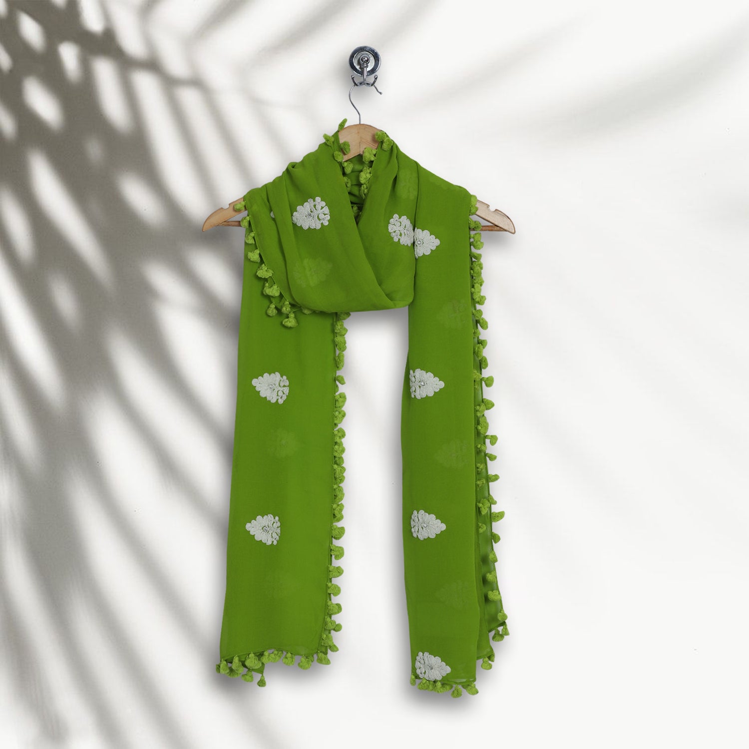 Green-White Color Embroidered Georgette Silk Stole