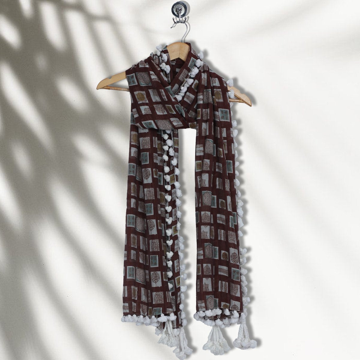 Brown Color Printed Muslin Stole with Tassels