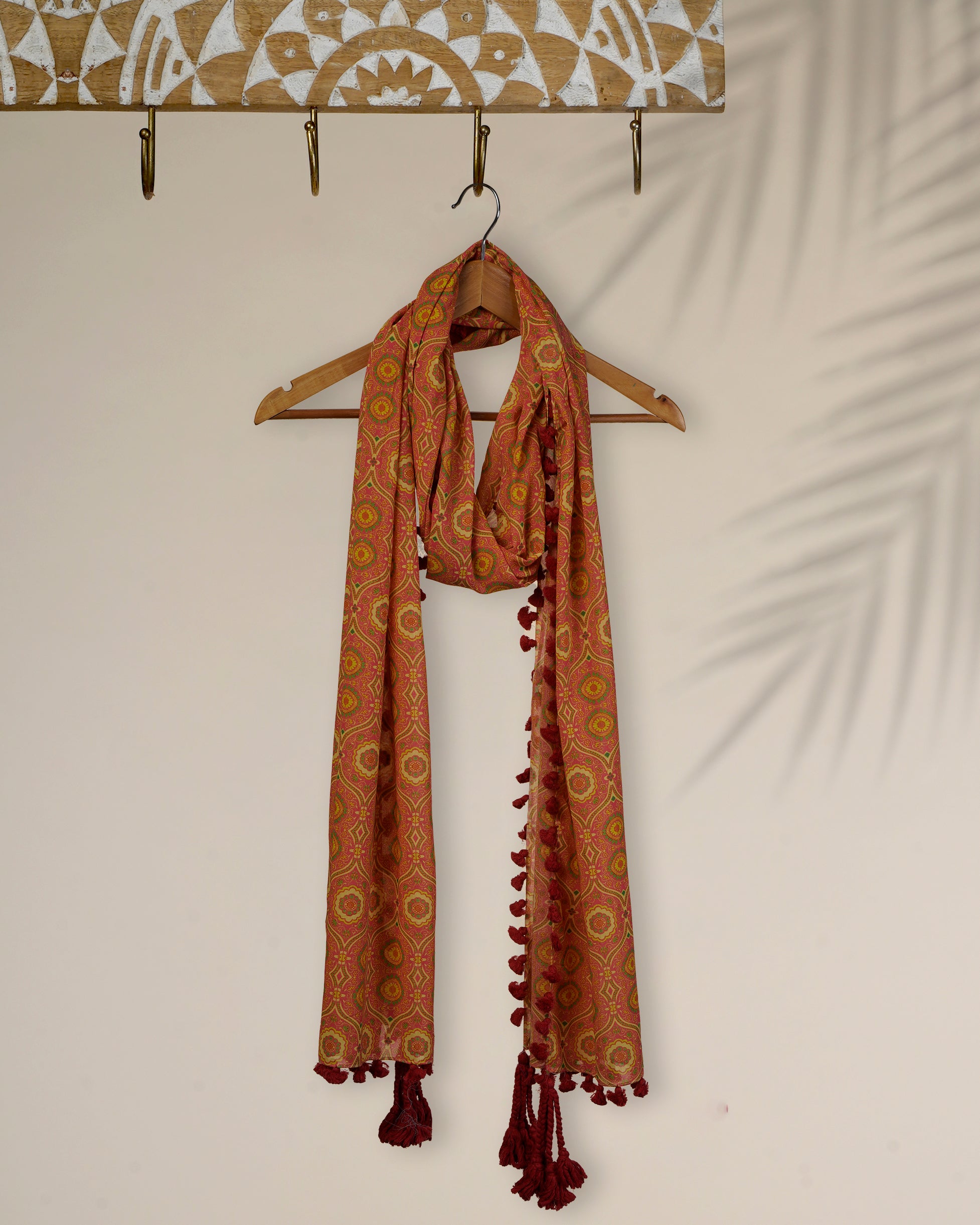 Pink Color Printed Cotton Silk Stole with Tassels
