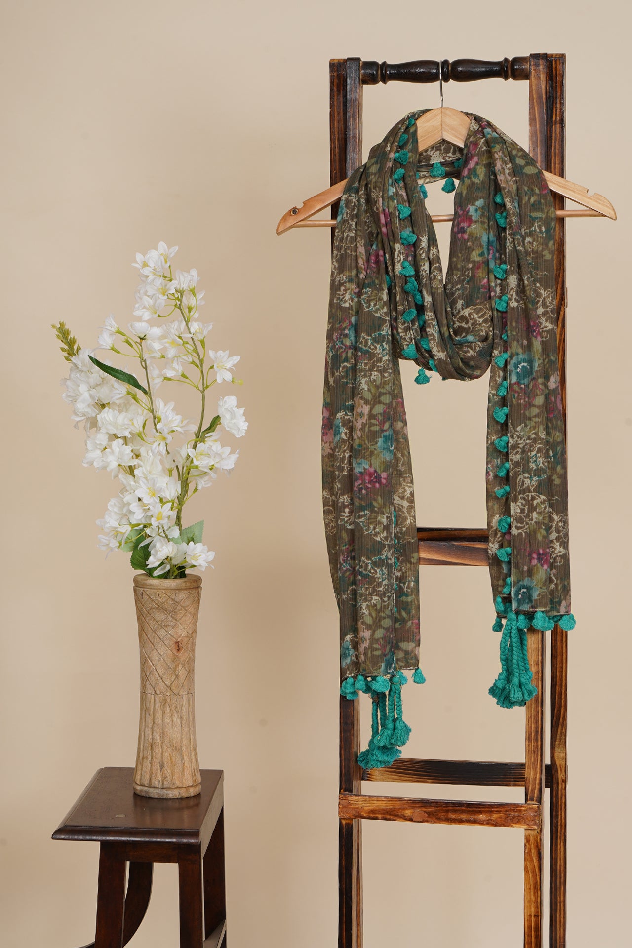 Multi Color Printed Cotton Silk Stole with Tassels