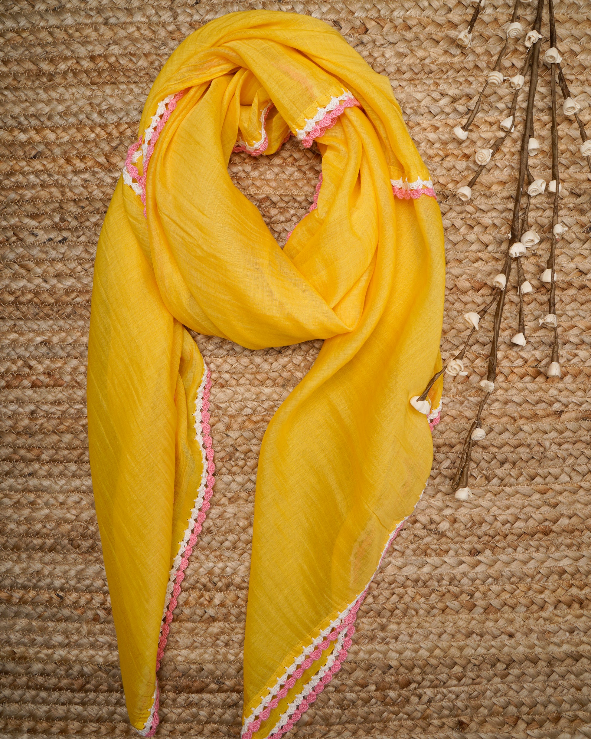 Yellow Color Crochet Embroidered Pure Chanderi Scarf