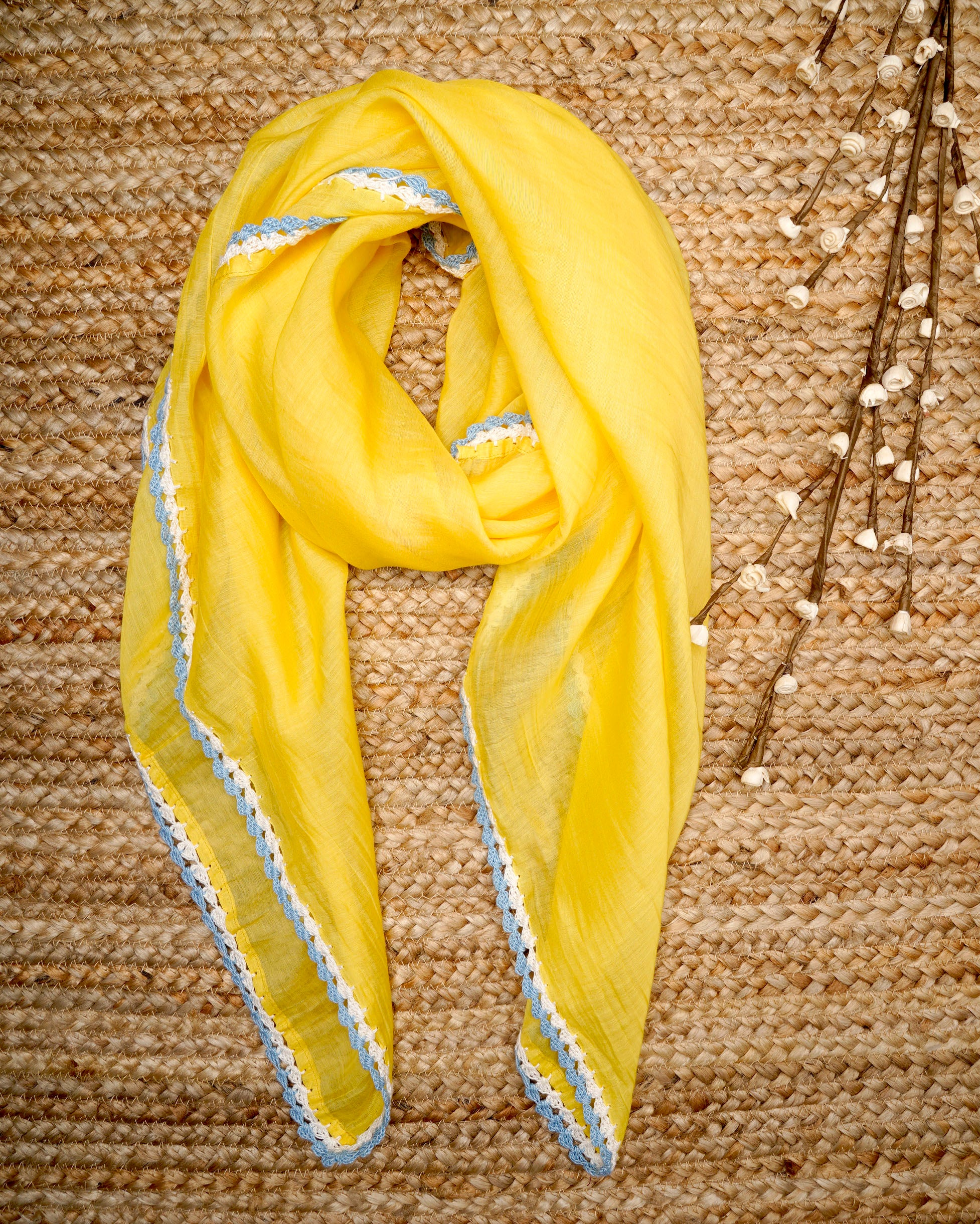 Yellow Color Crochet Embroidered Pure Chanderi Scarf