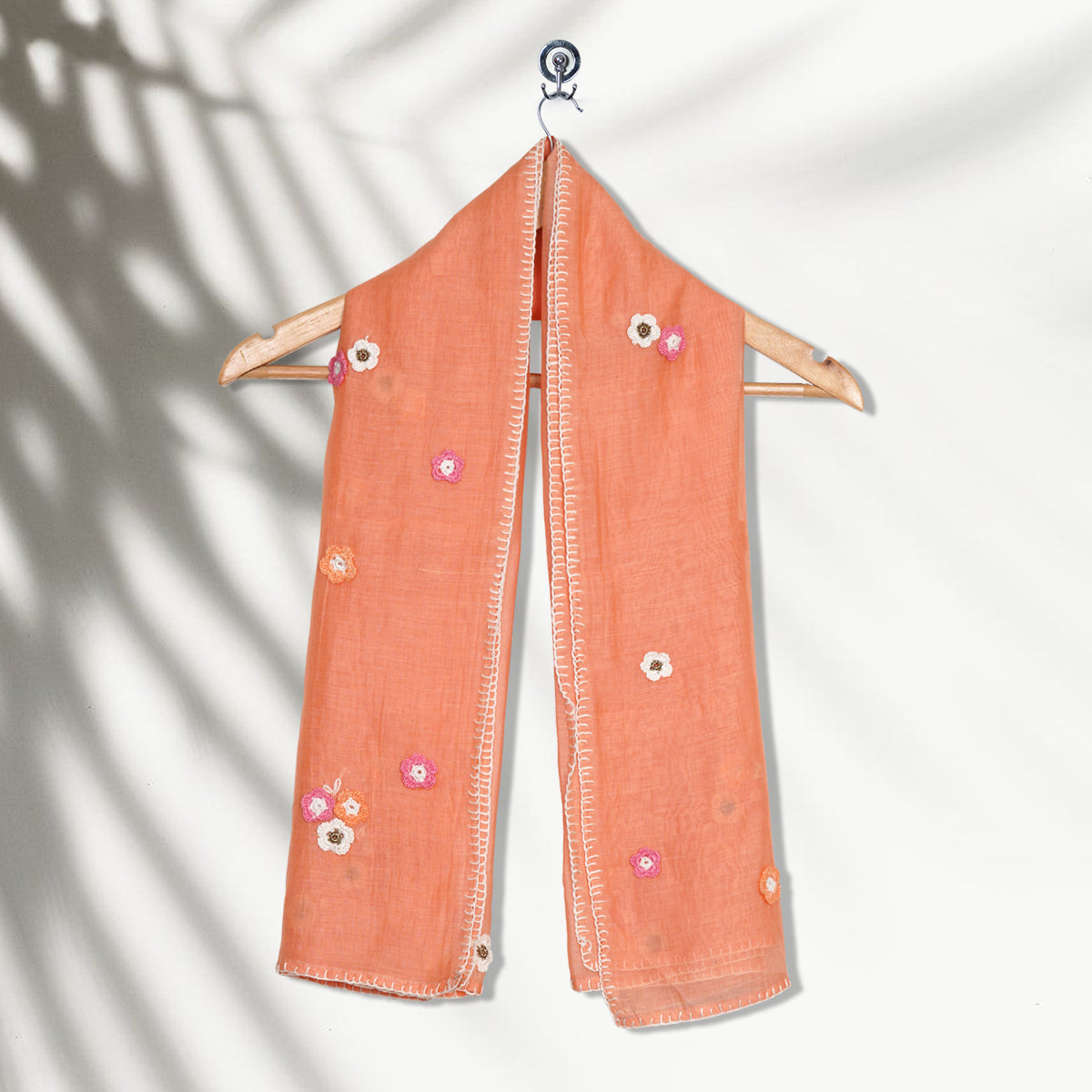 Peach Color Crochet Embroidered Pure Chanderi Scarf