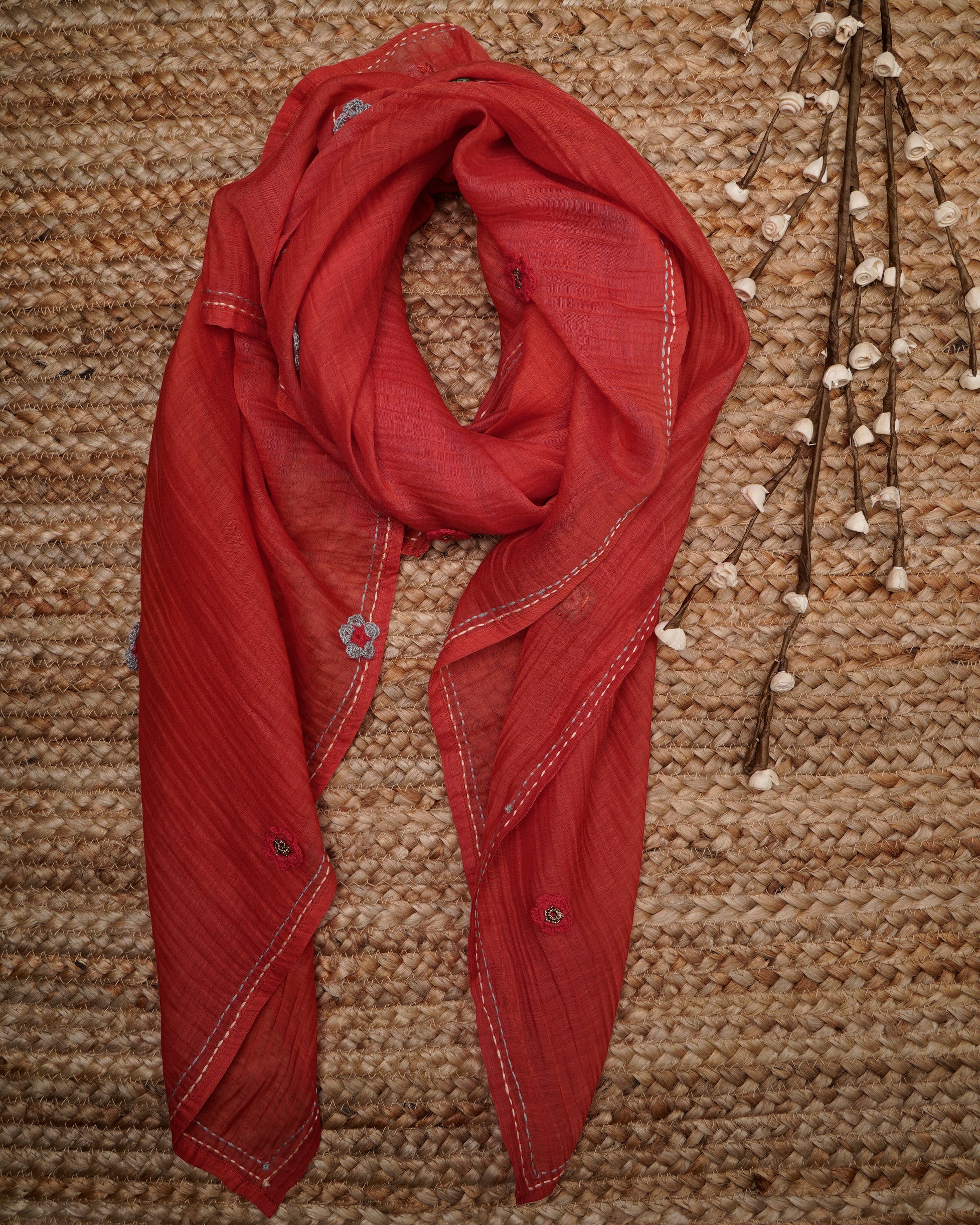 Red Color Crochet Embroidered Pure Chanderi Scarf