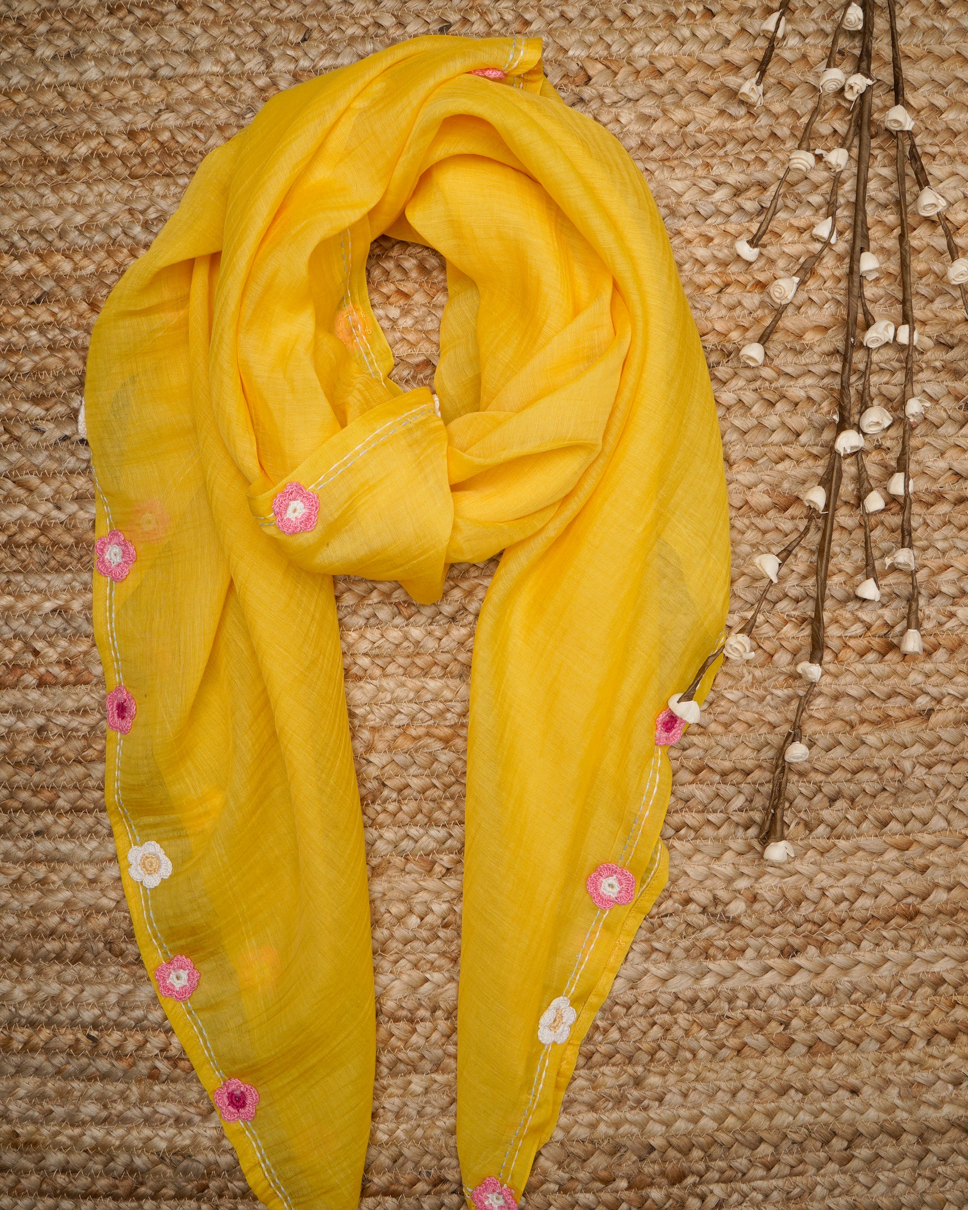 Yellow Color Crochet Embroidered Pure Chanderi Scarf