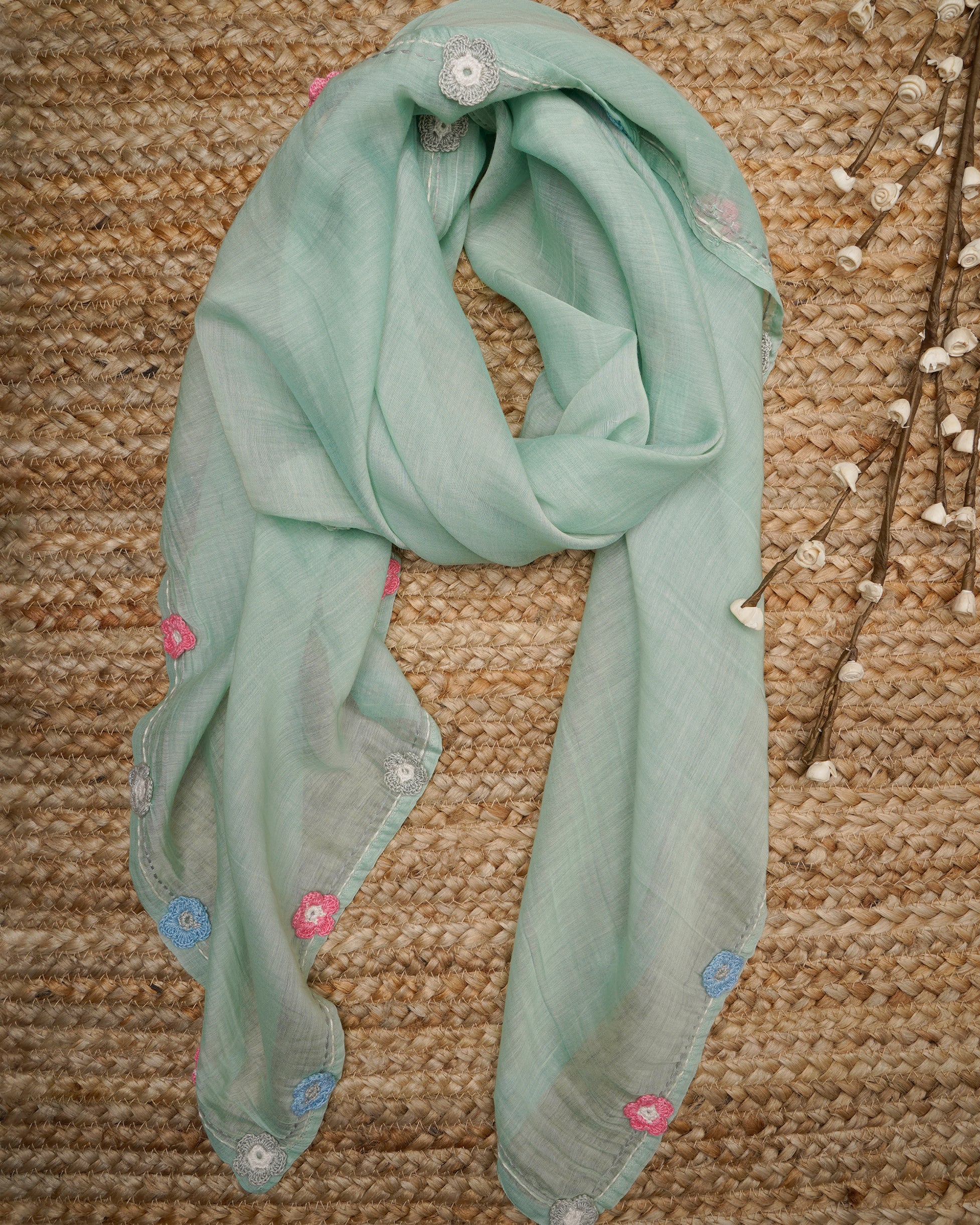 Seafoam Green Color Crochet Embroidered Pure Chanderi Scarf