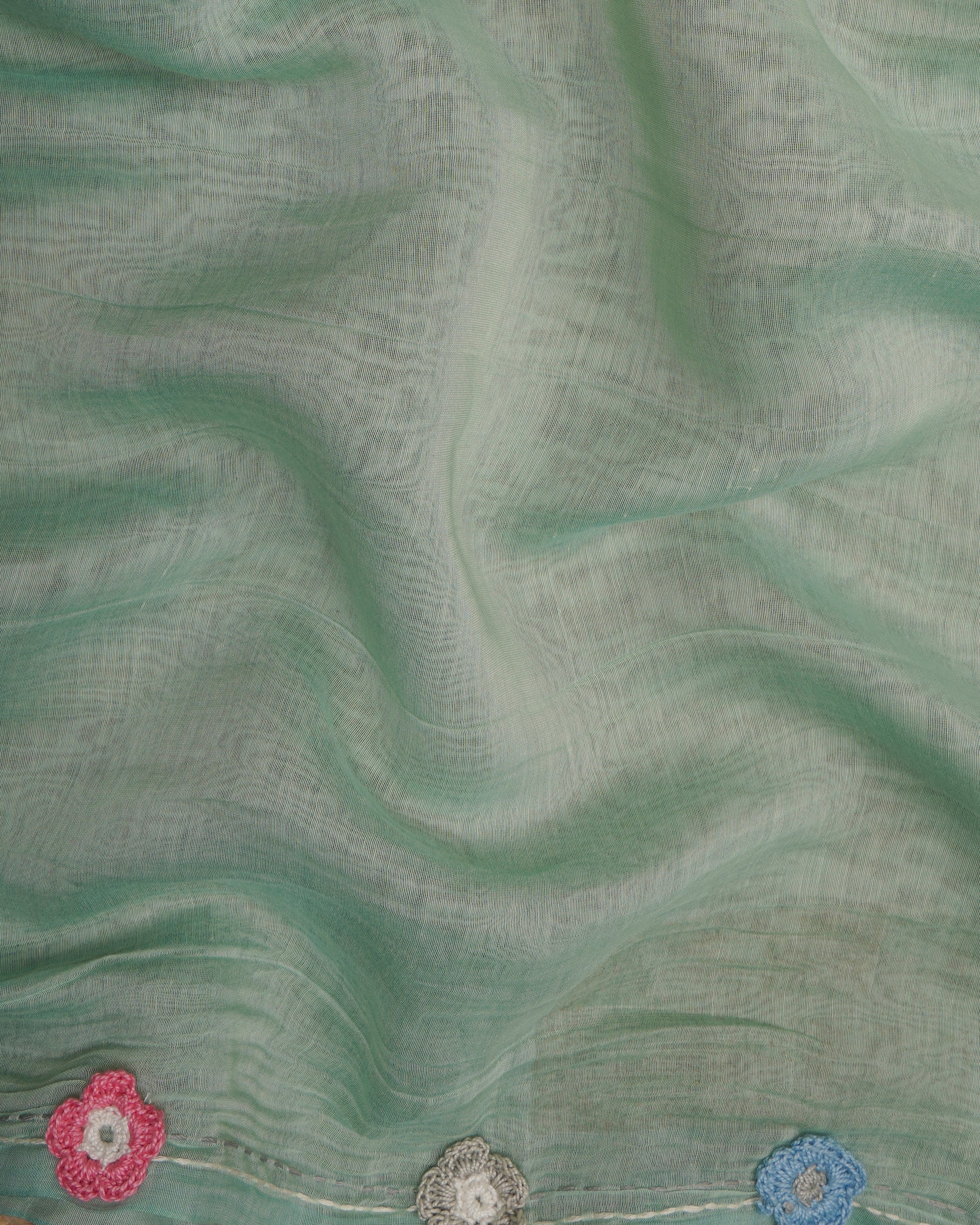Seafoam Green Color Crochet Embroidered Pure Chanderi Scarf