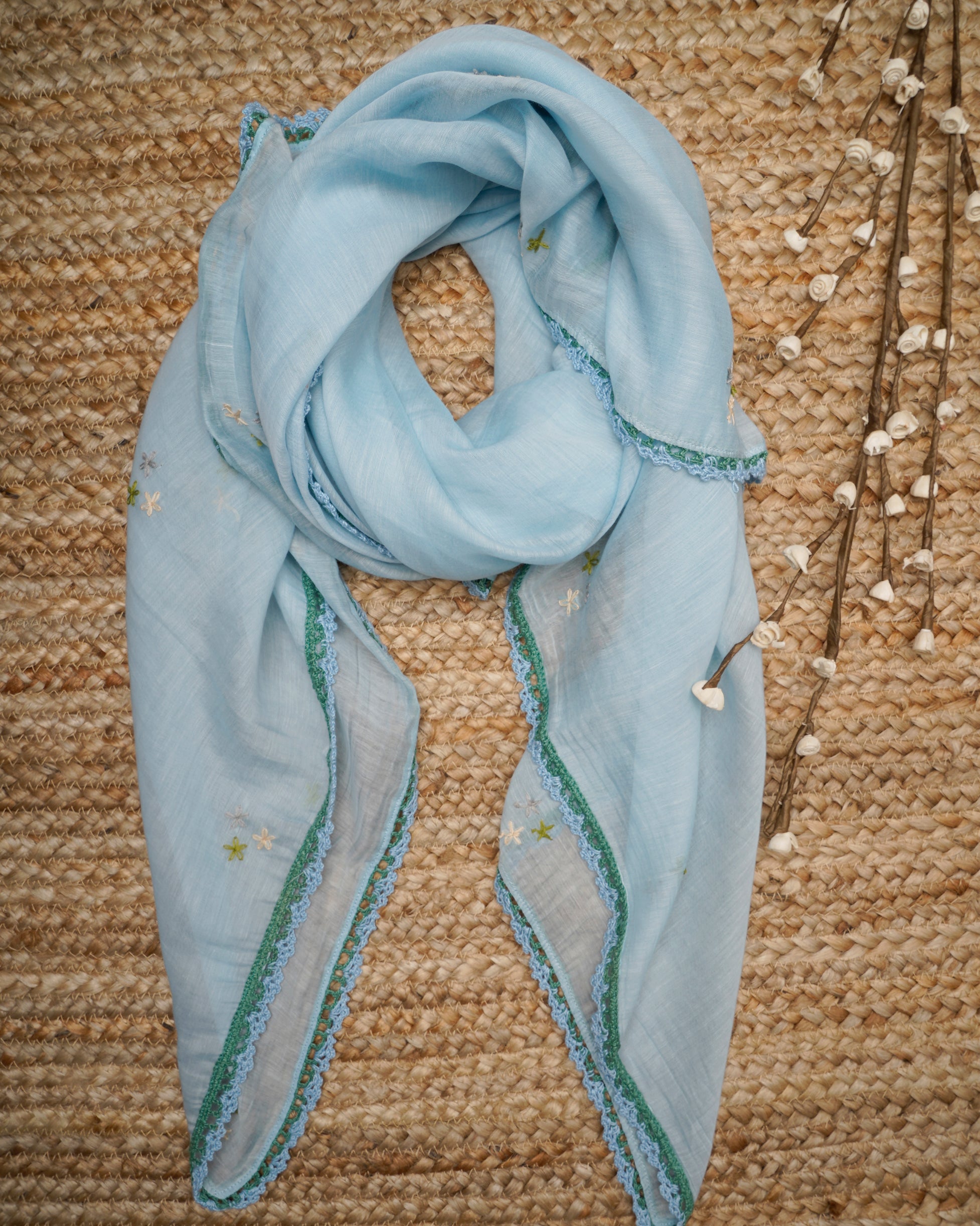 Light Blue Color Crochet Embroidered Pure Chanderi Scarf