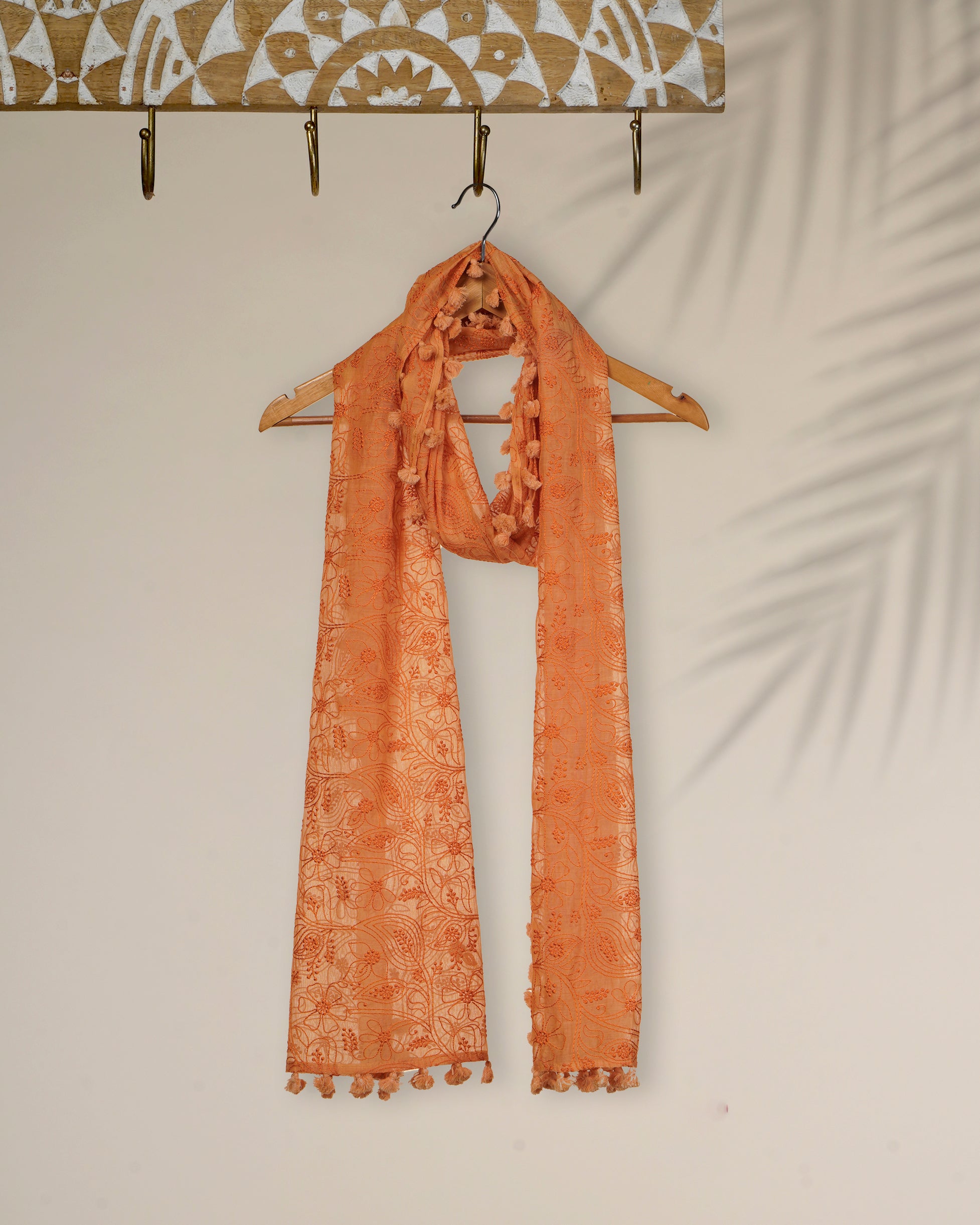 Orange Color Embroidered Pure Chanderi Stole