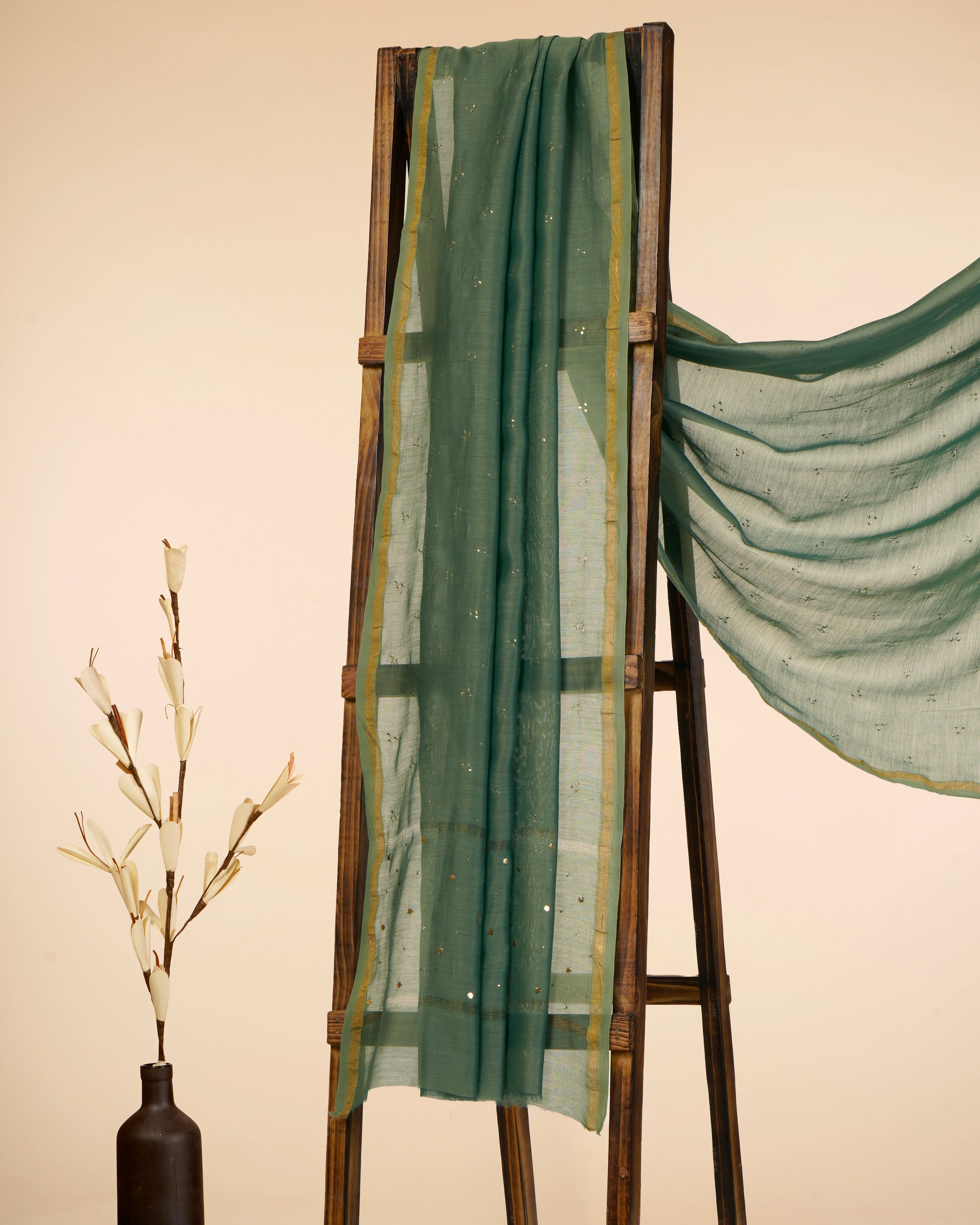 Green Color Handcrafted Mukaish Work Pure Chanderi Dupatta With Zari Border