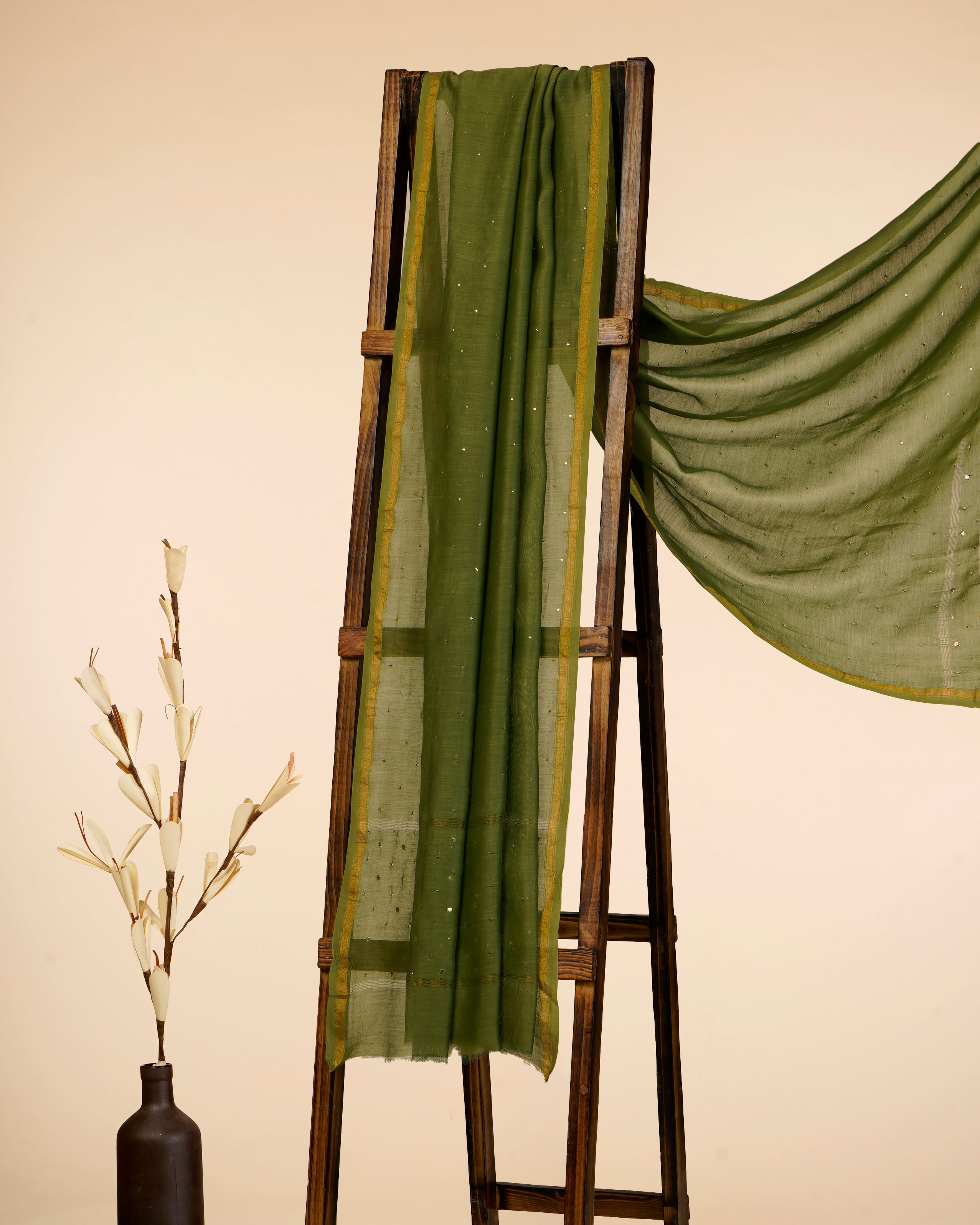 Green Color Handcrafted Mukaish Work Pure Chanderi Dupatta With Zari Border