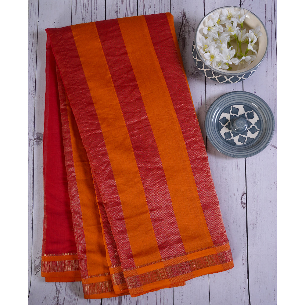 Red-Orange Color Handwoven Maheshwari Saree with Blouse Piece