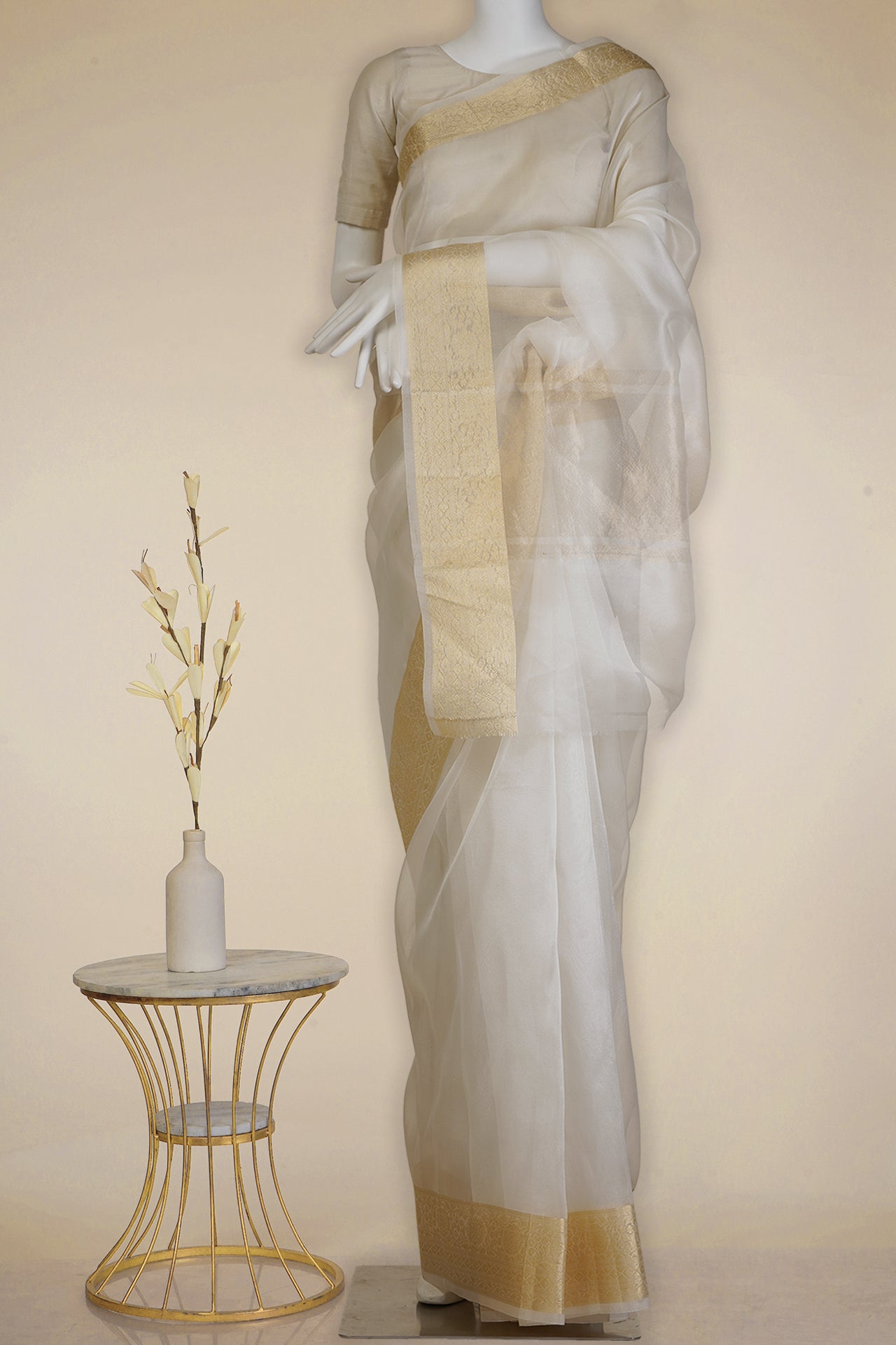 Off White Color Zari Bordered Organza Silk Saree With Blouse Piece