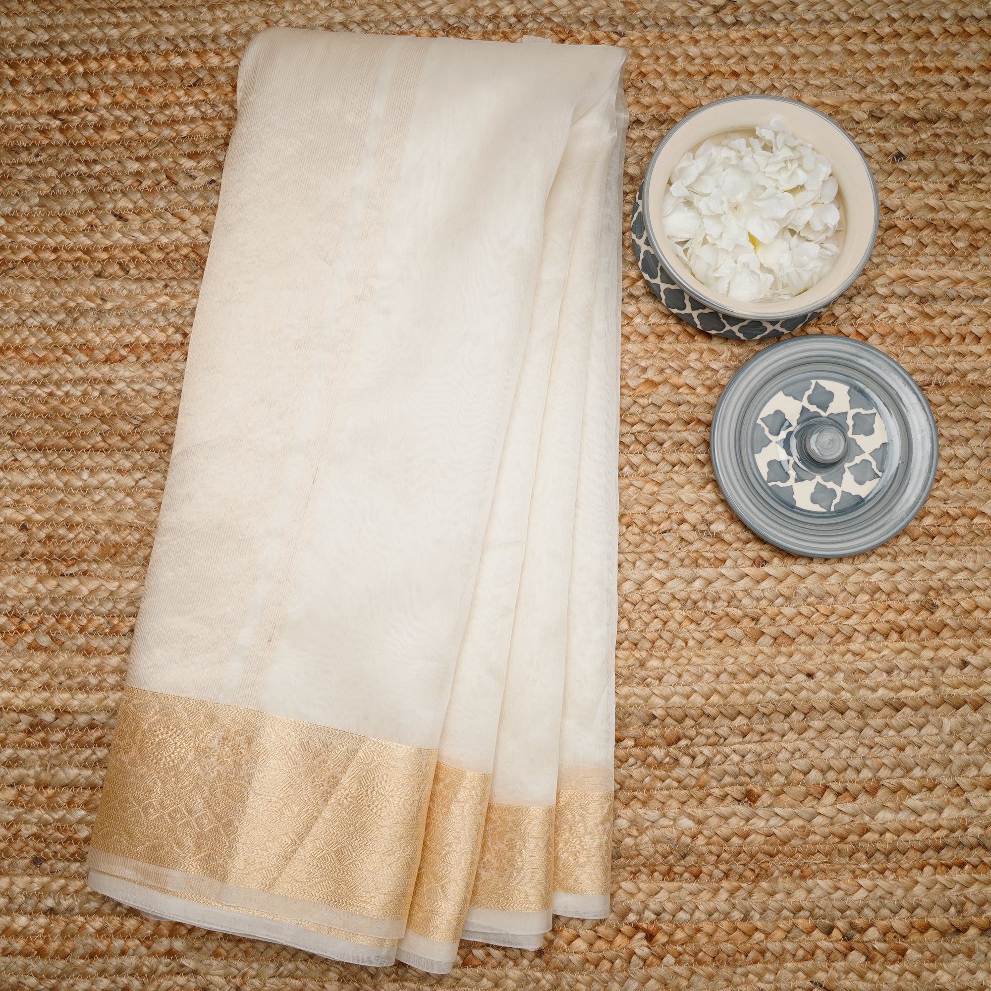 Off White Color Zari Bordered Organza Silk Saree With Blouse Piece