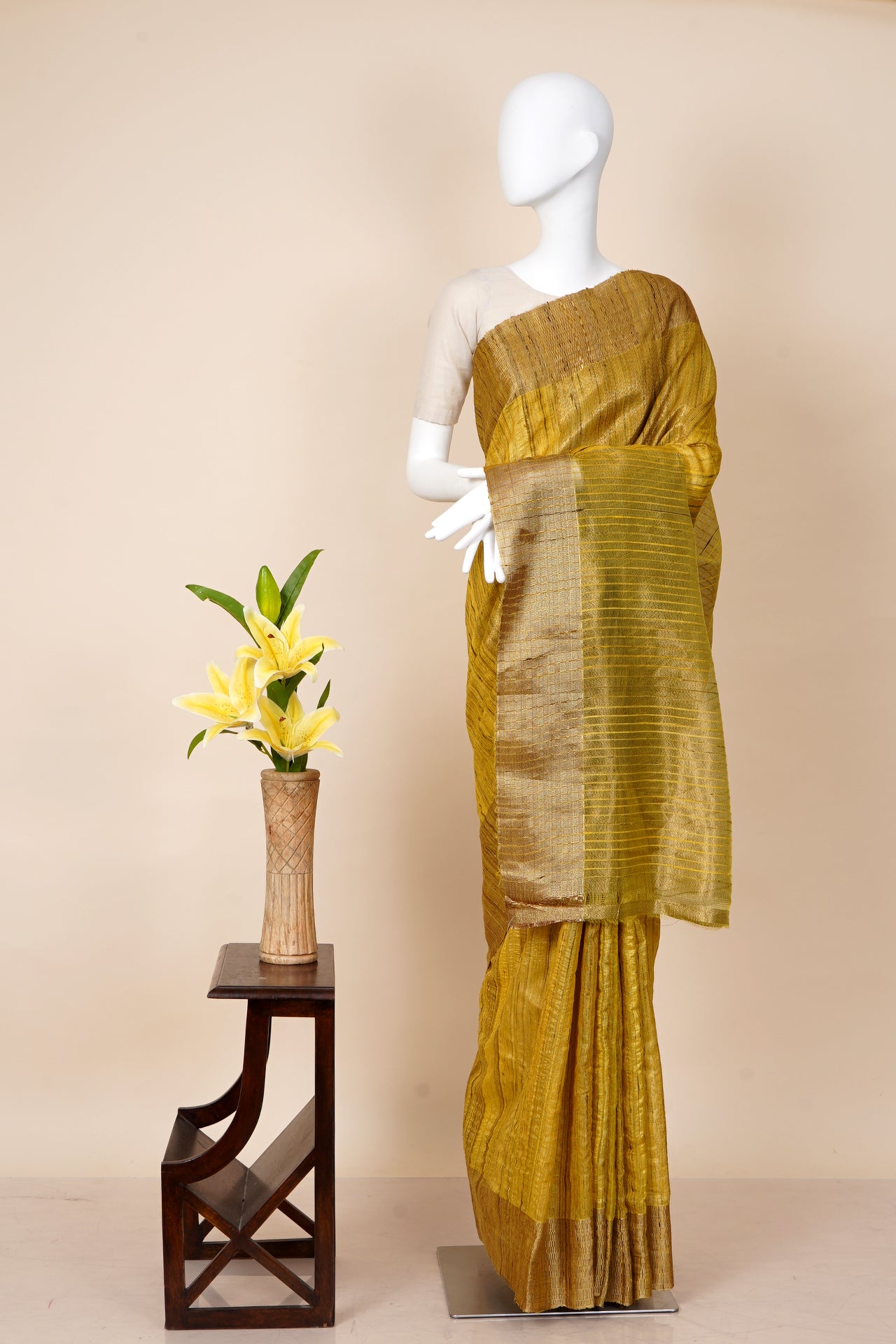 Yellow Color Handwoven Ghicha Silk Zari Bordered Saree with Blouse Piece