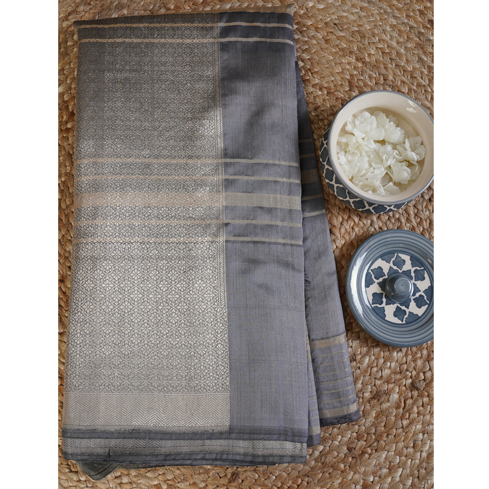 Grey Color Handwoven Chanderi Saree with Blouse Piece