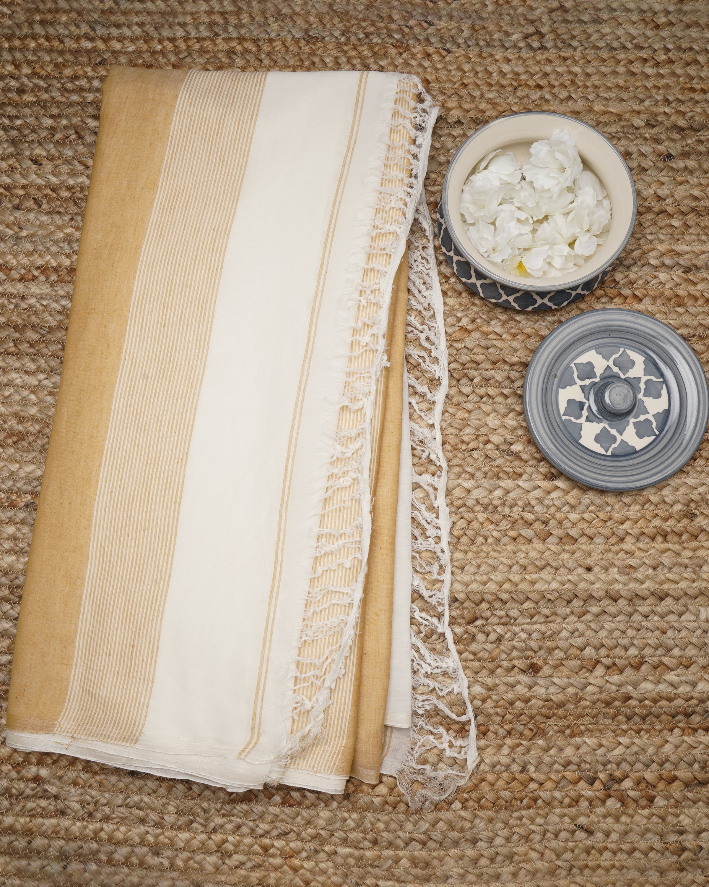 Off-White Fancy Handwoven Cotton Muslin Saree with Blouse Piece