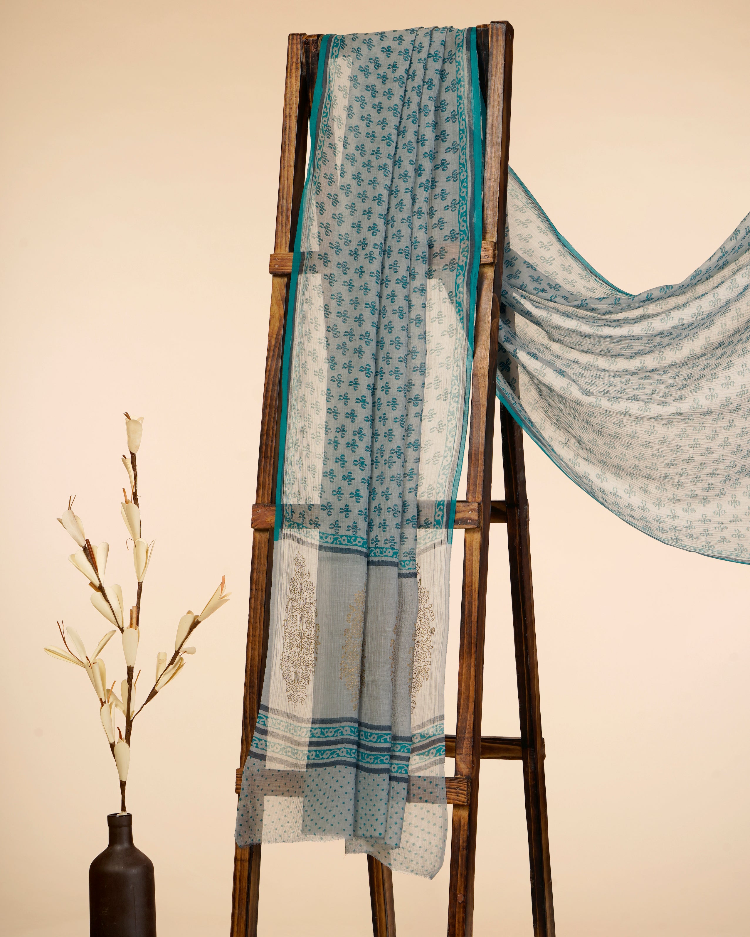 White-Blue Color Digital Printed Pure Chanderi Dupatta