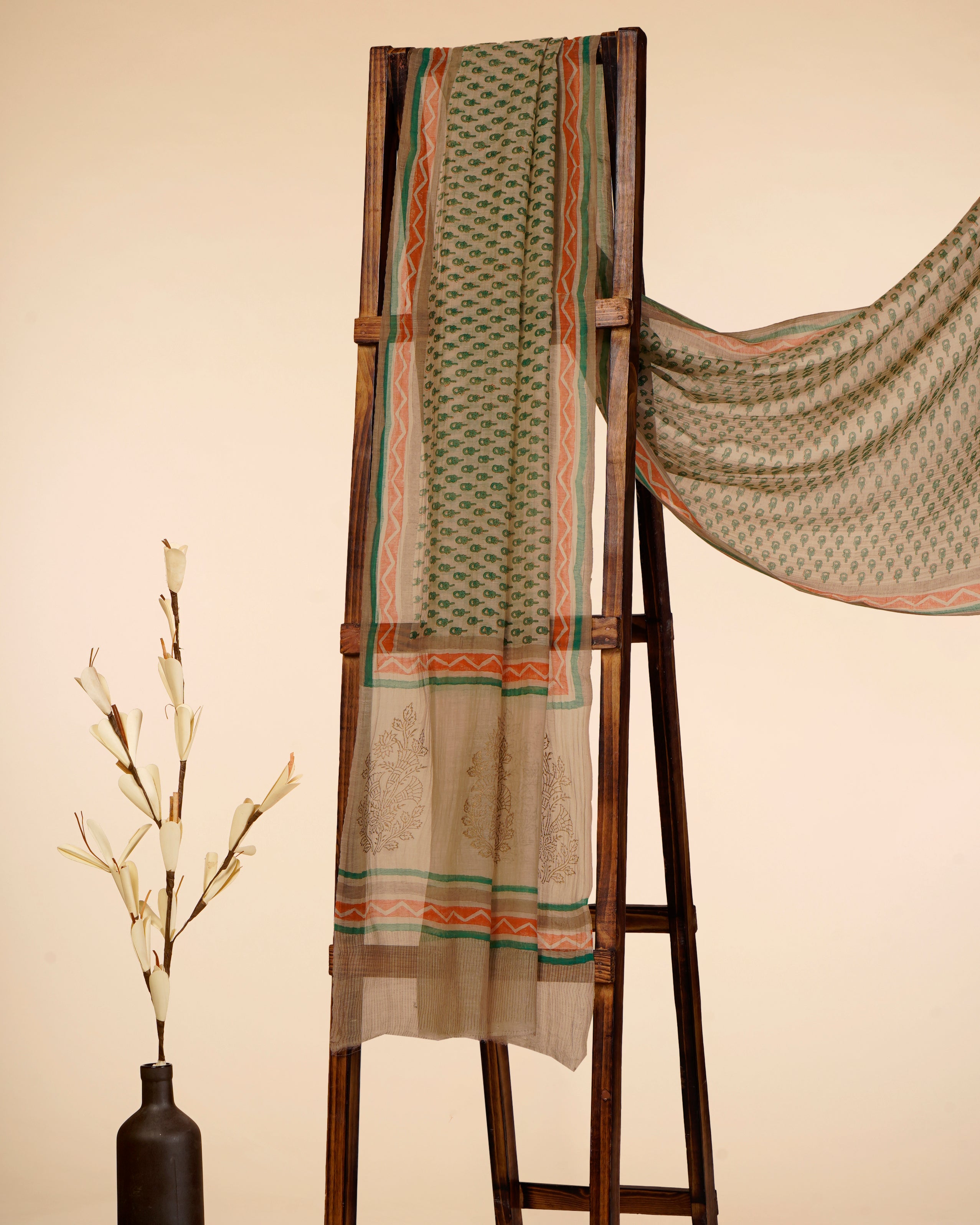 Grey-Green Color Printed Pure Chanderi Dupatta