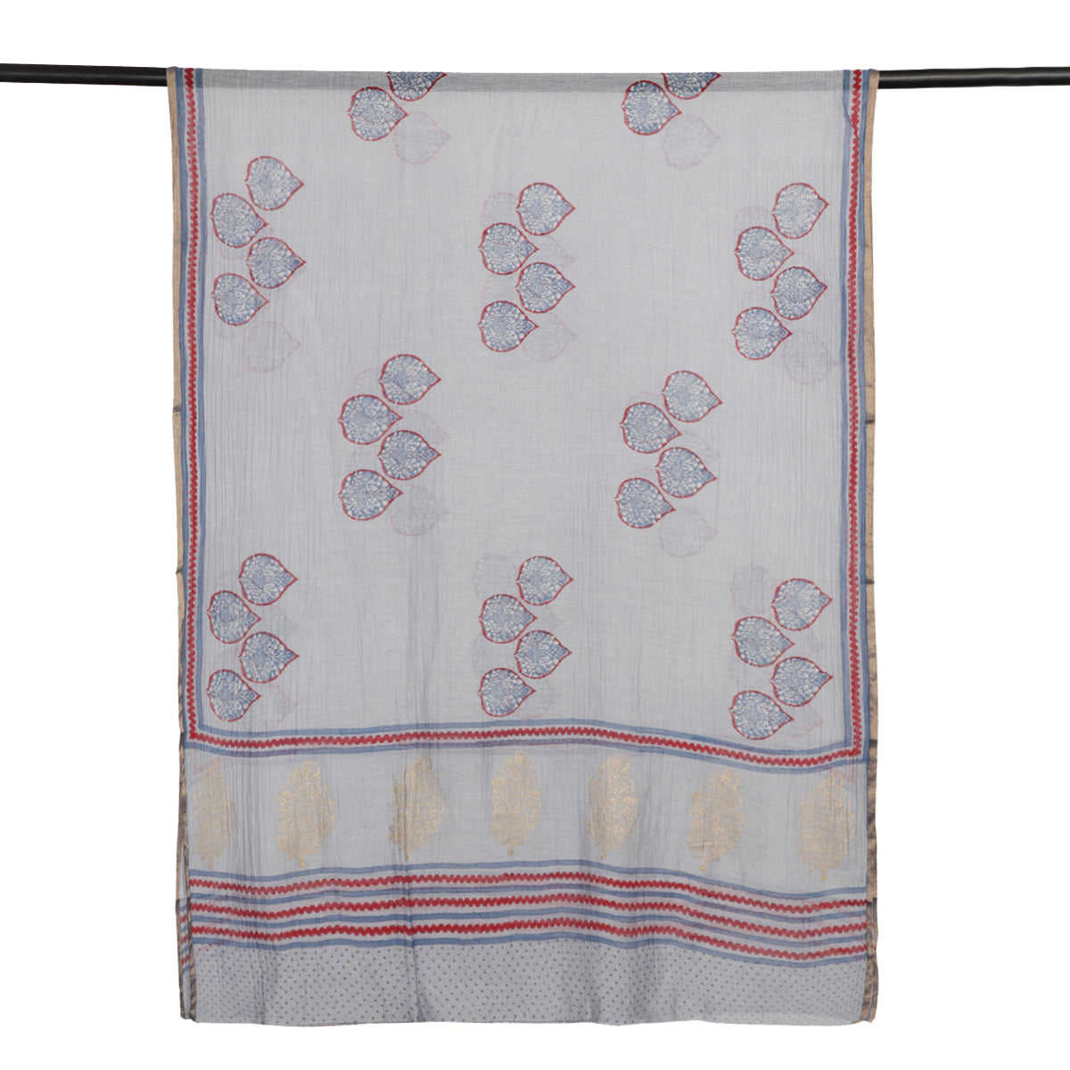 Grey Color Block Printed Pure Chanderi Dupatta