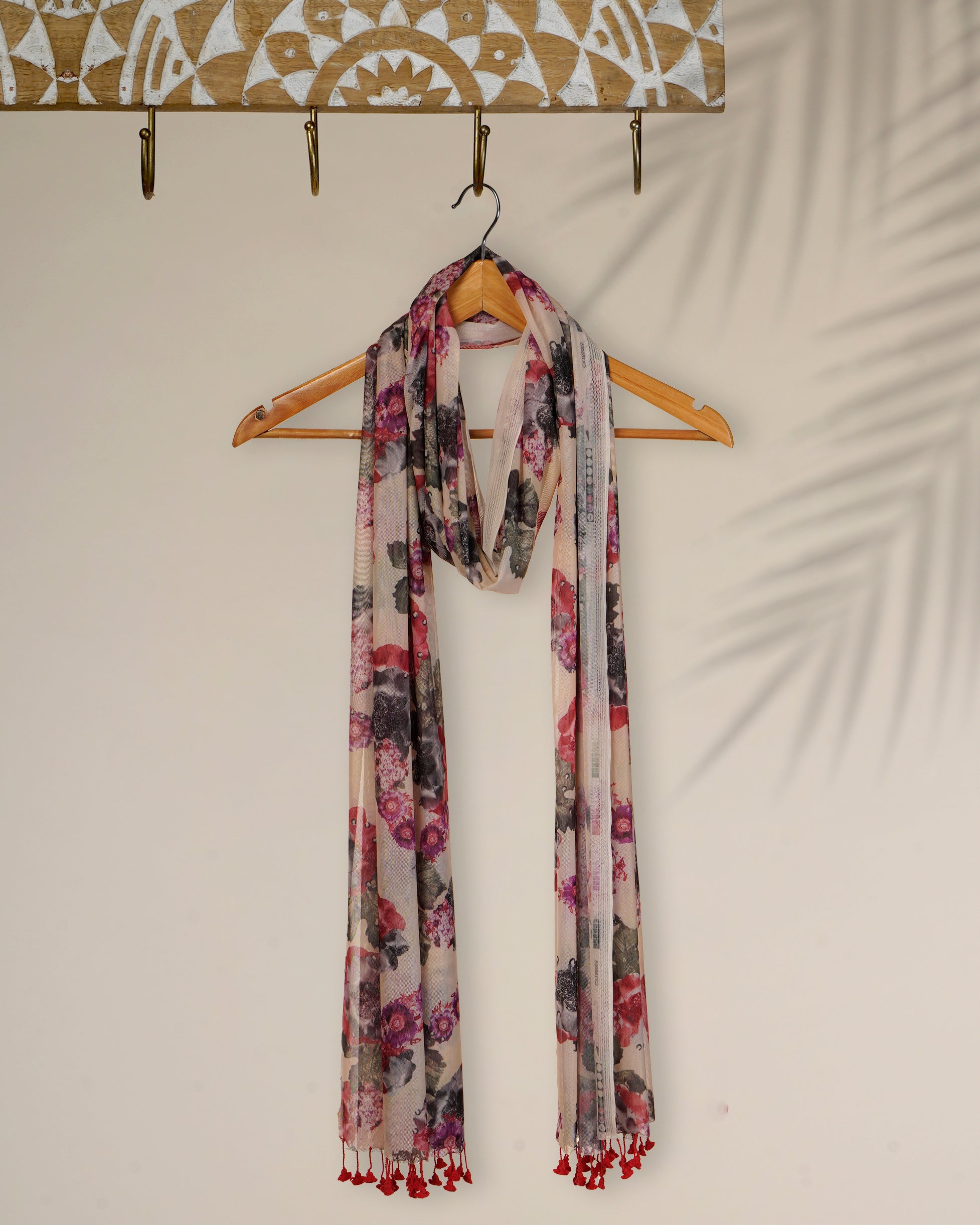 Multi Color Printed Net Lycra Stole with Tassels