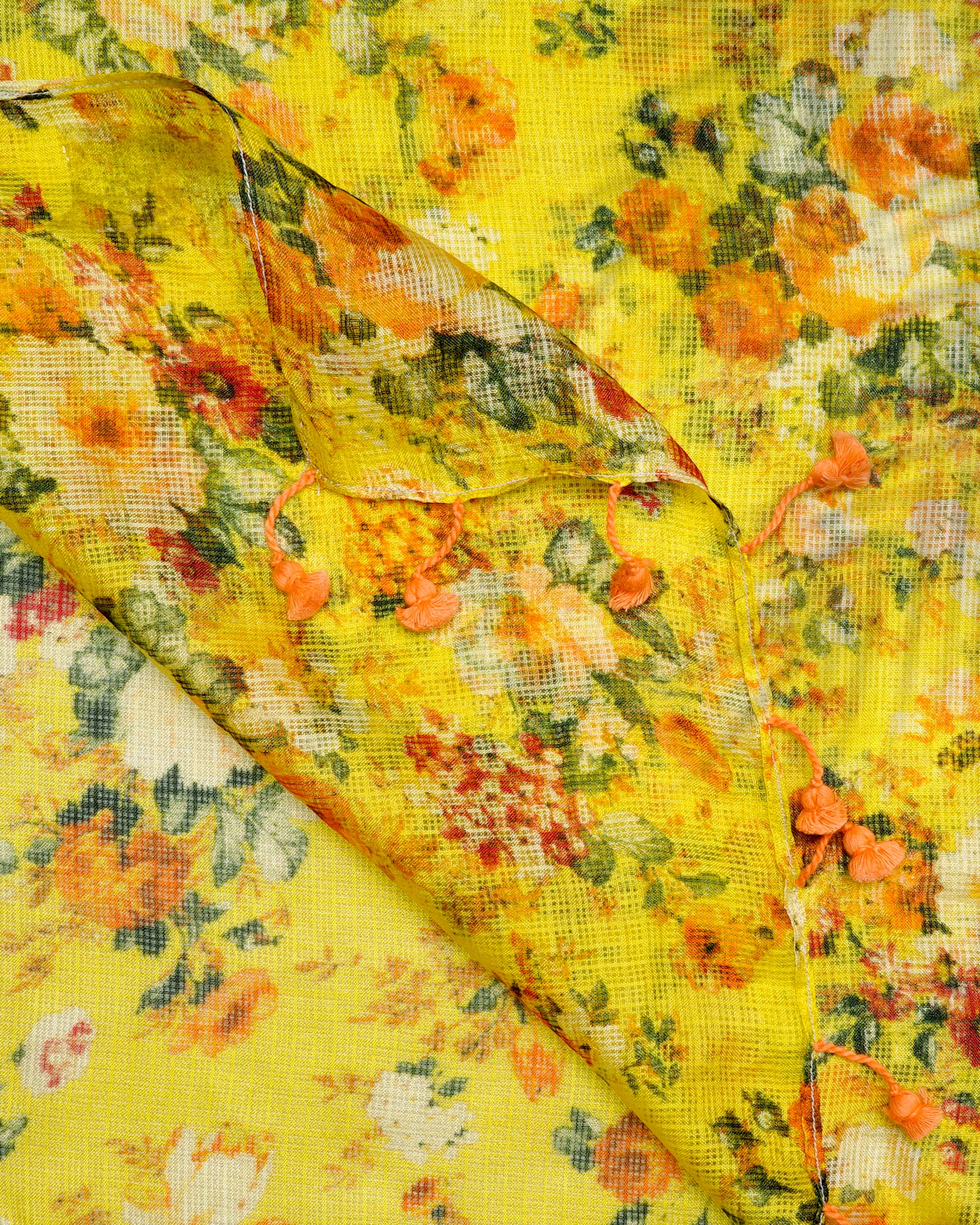 Yellow Color Printed Kota Silk Stole with Tassels