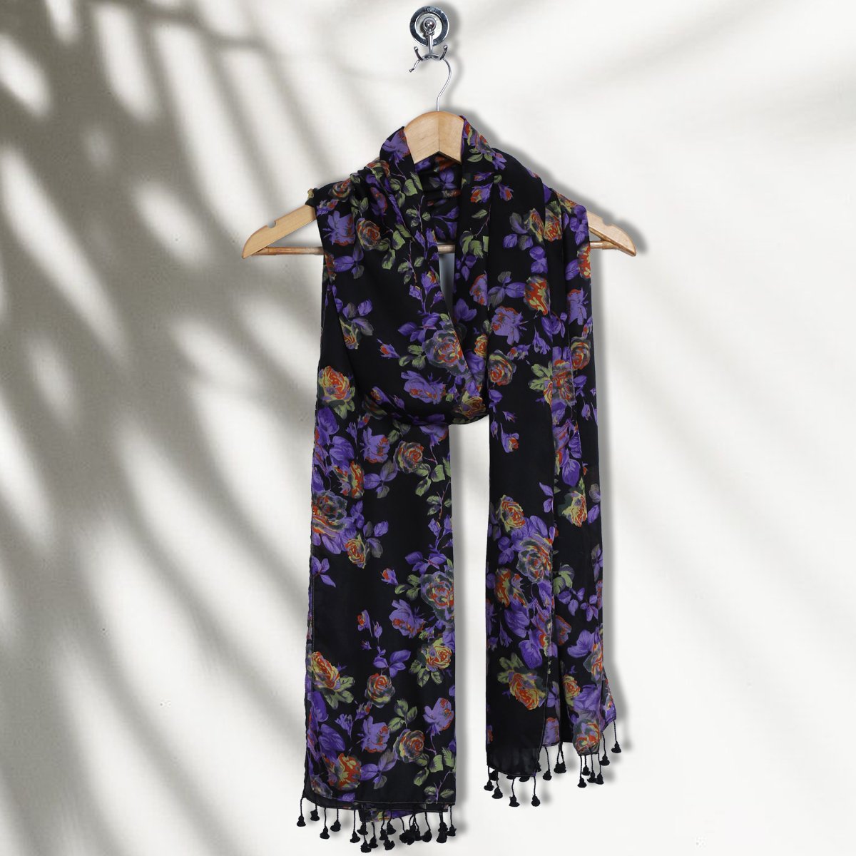 Multi Color Printed Flat Chiffon Stole with Tassels