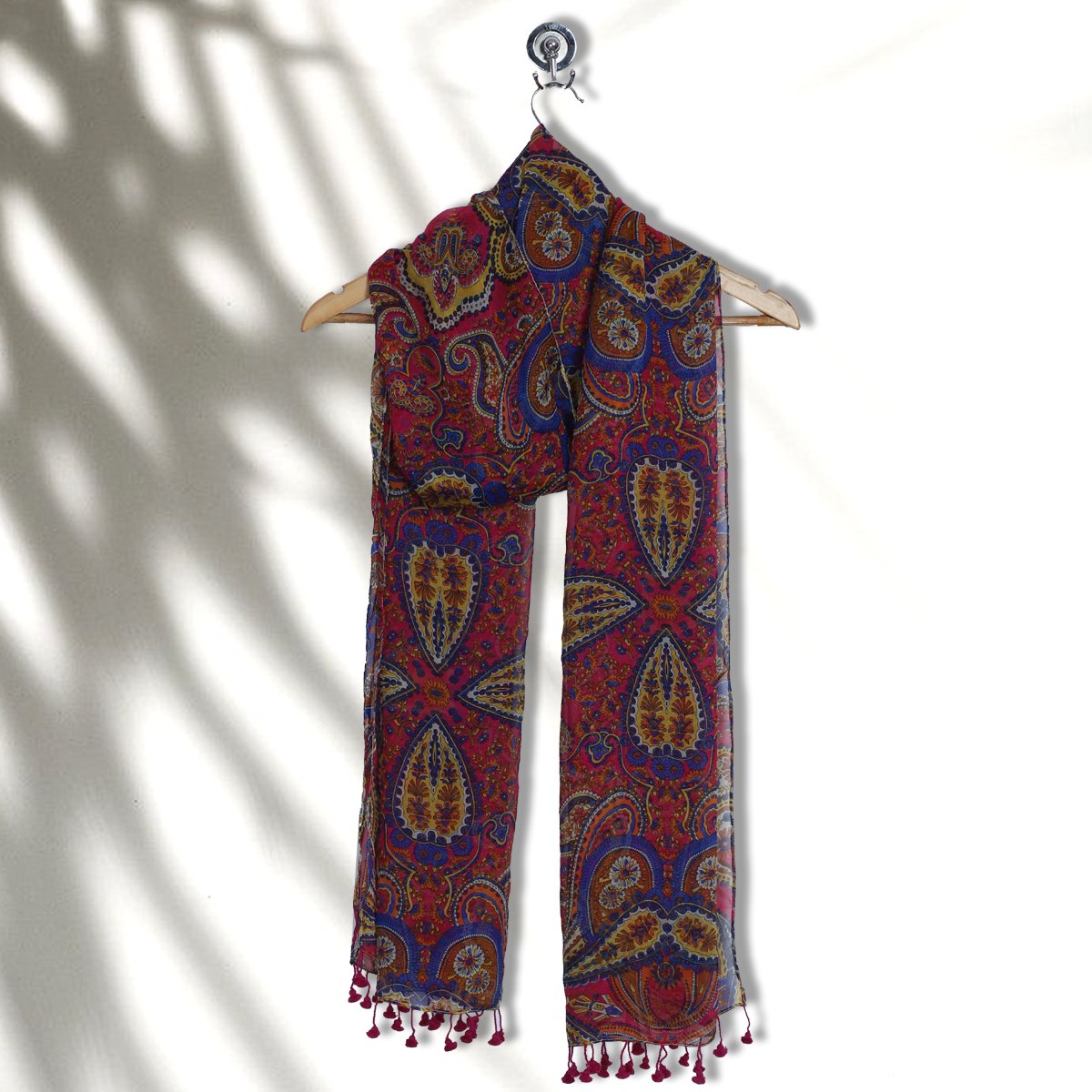 Multi Color Printed Flat Chiffon Stole with Tassels